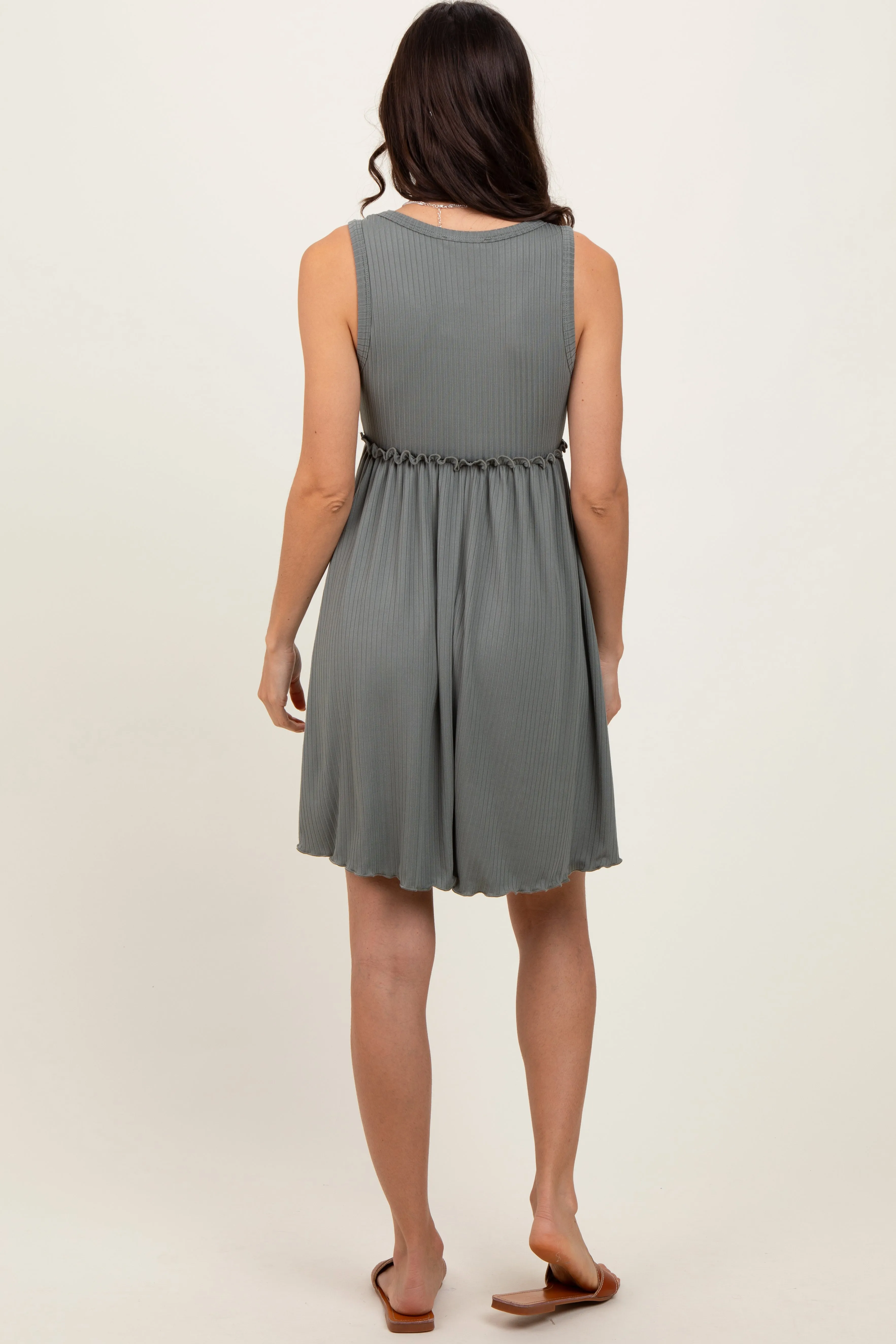 Olive Ribbed Sleeveless Lettuce Trim Mini Dress sold by Pinkblush product image thumbnail 4