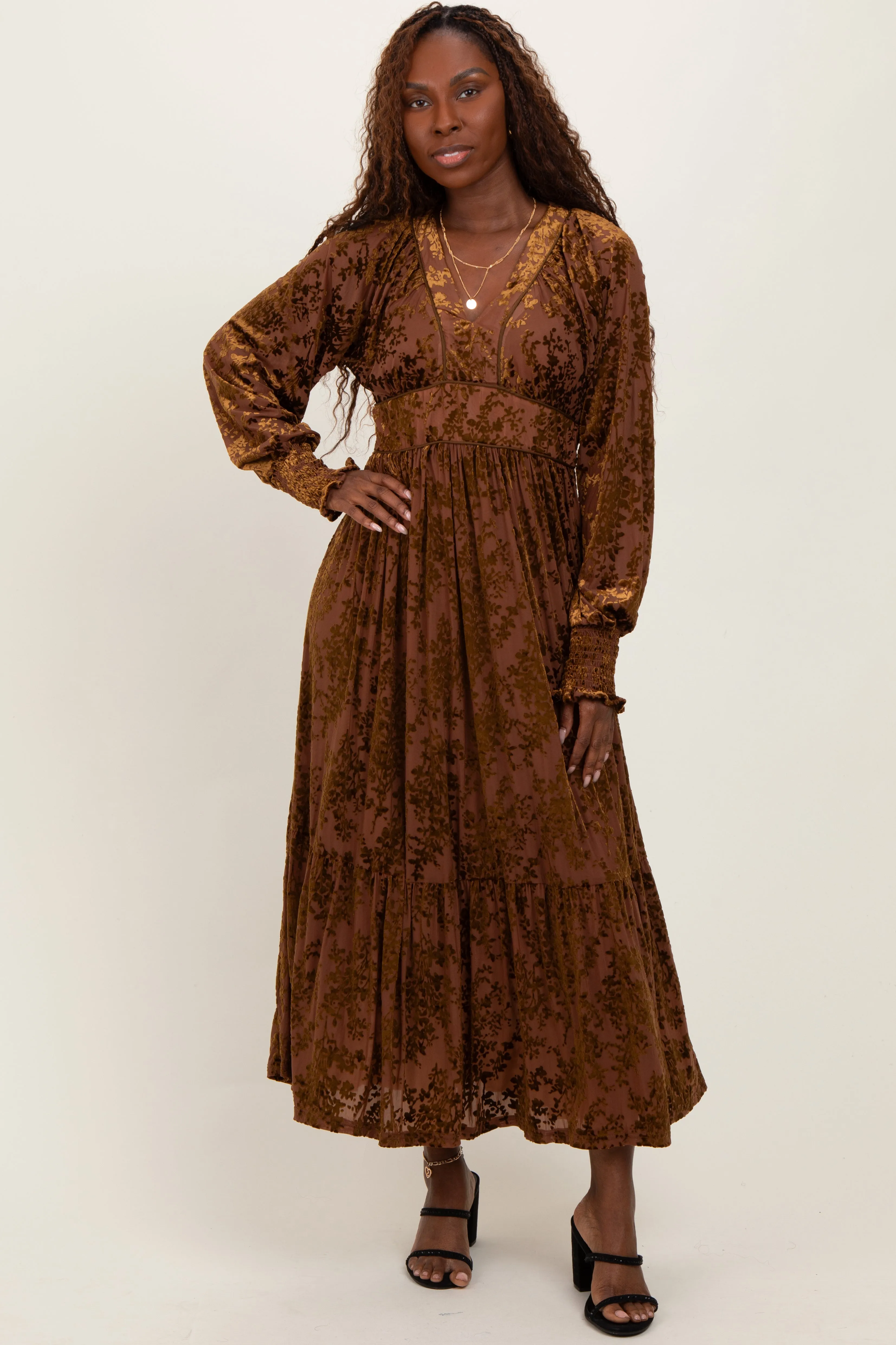 Mocha Floral Velvet Overlay Maxi Dress sold by Pinkblush