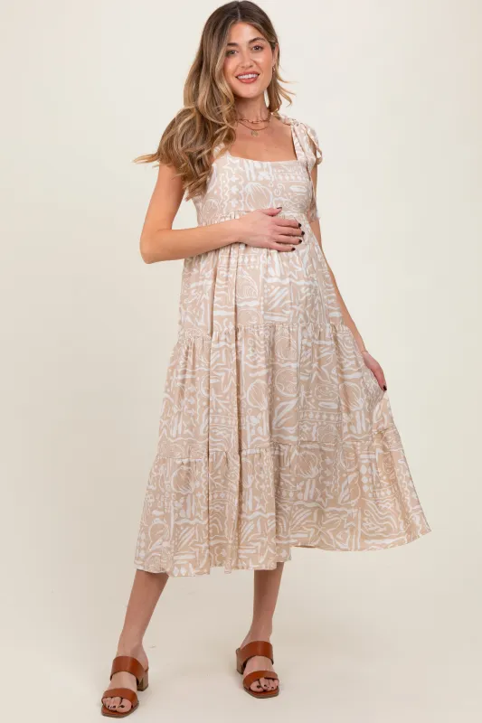 Beige Printed Tie Strap Tiered Maternity Midi Dress sold by Pinkblush