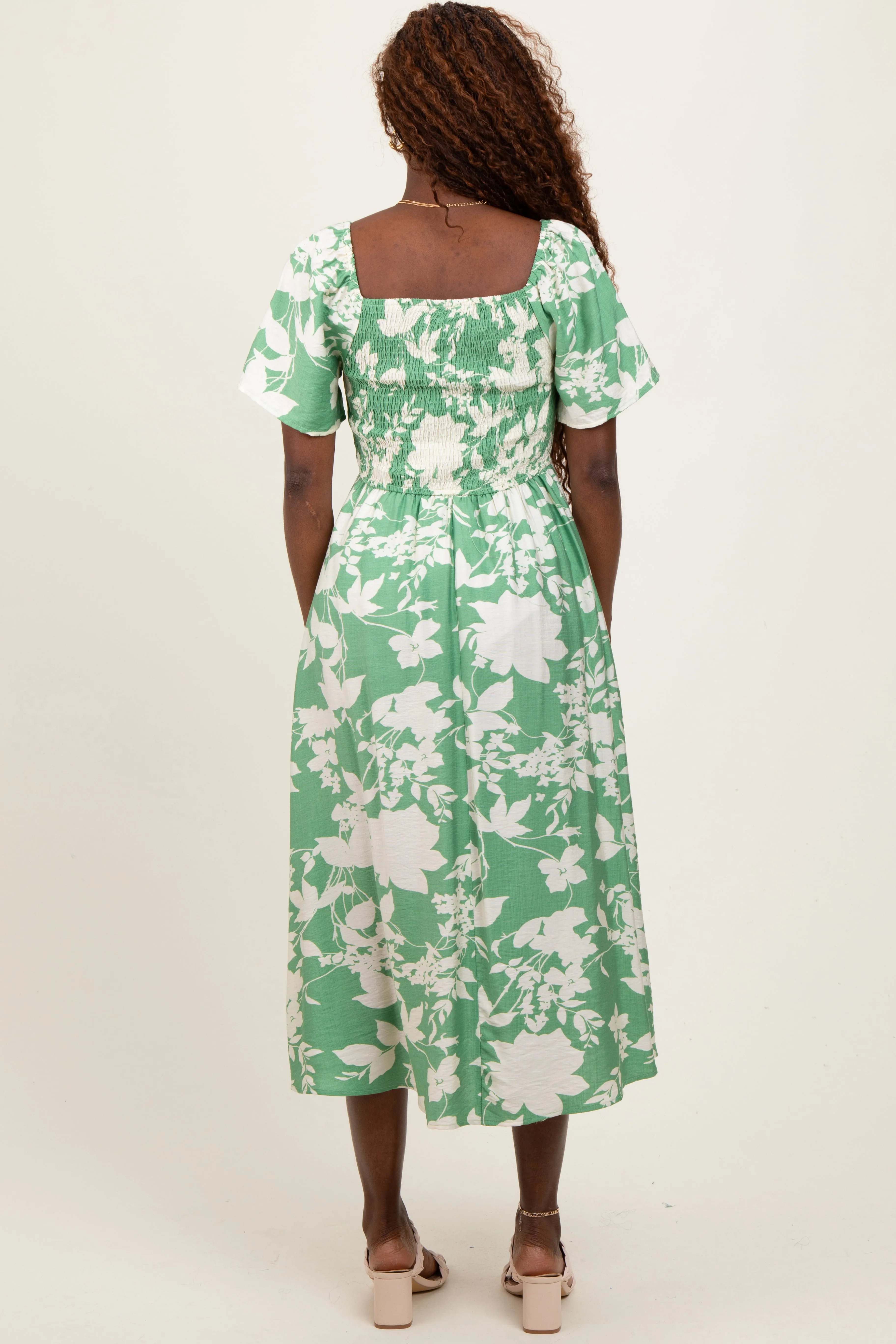 Green Floral Smocked Short Sleeve Midi Dress sold by Pinkblush product image thumbnail 4