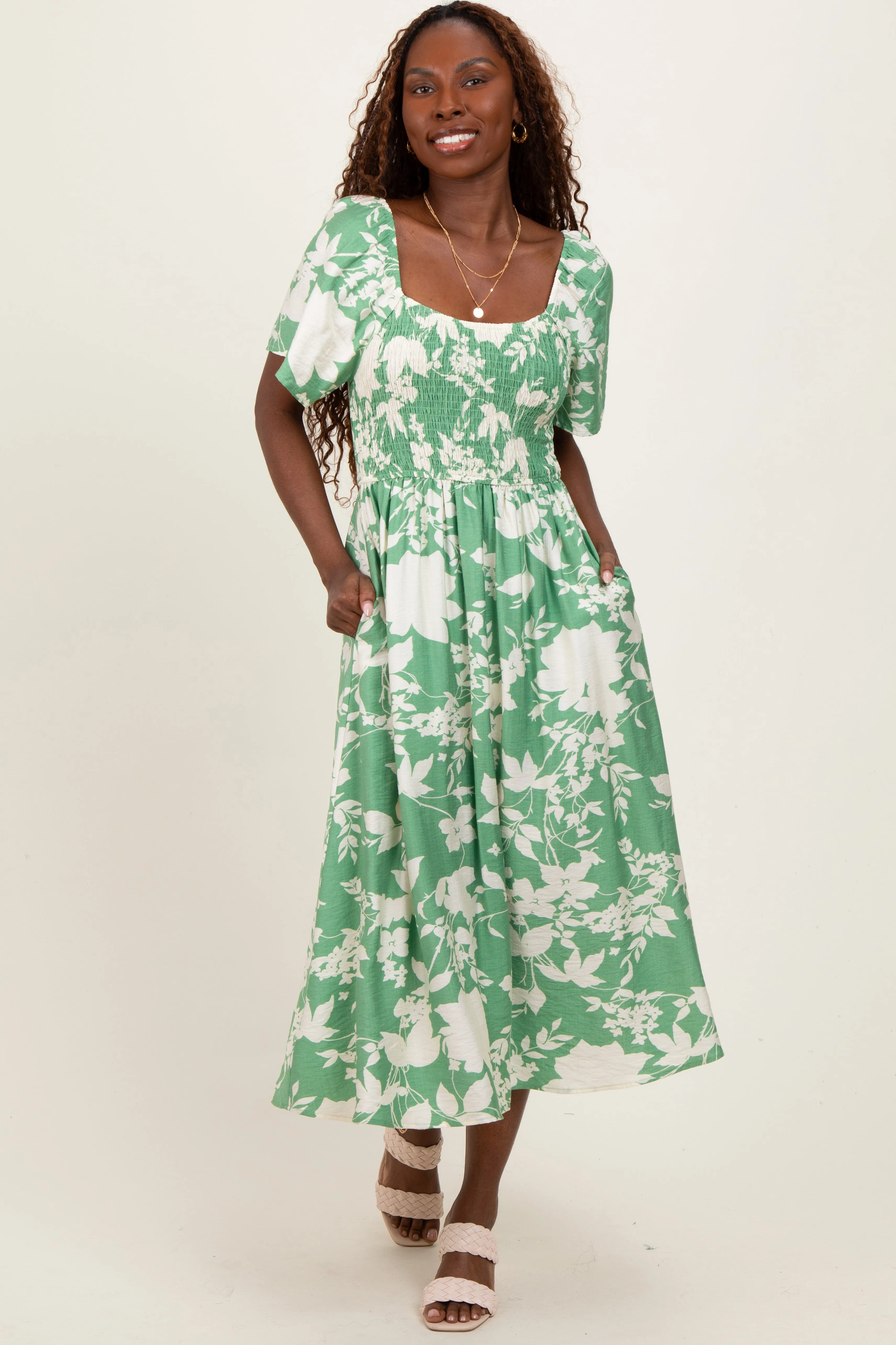 Green Floral Smocked Short Sleeve Midi Dress sold by Pinkblush product image thumbnail 2