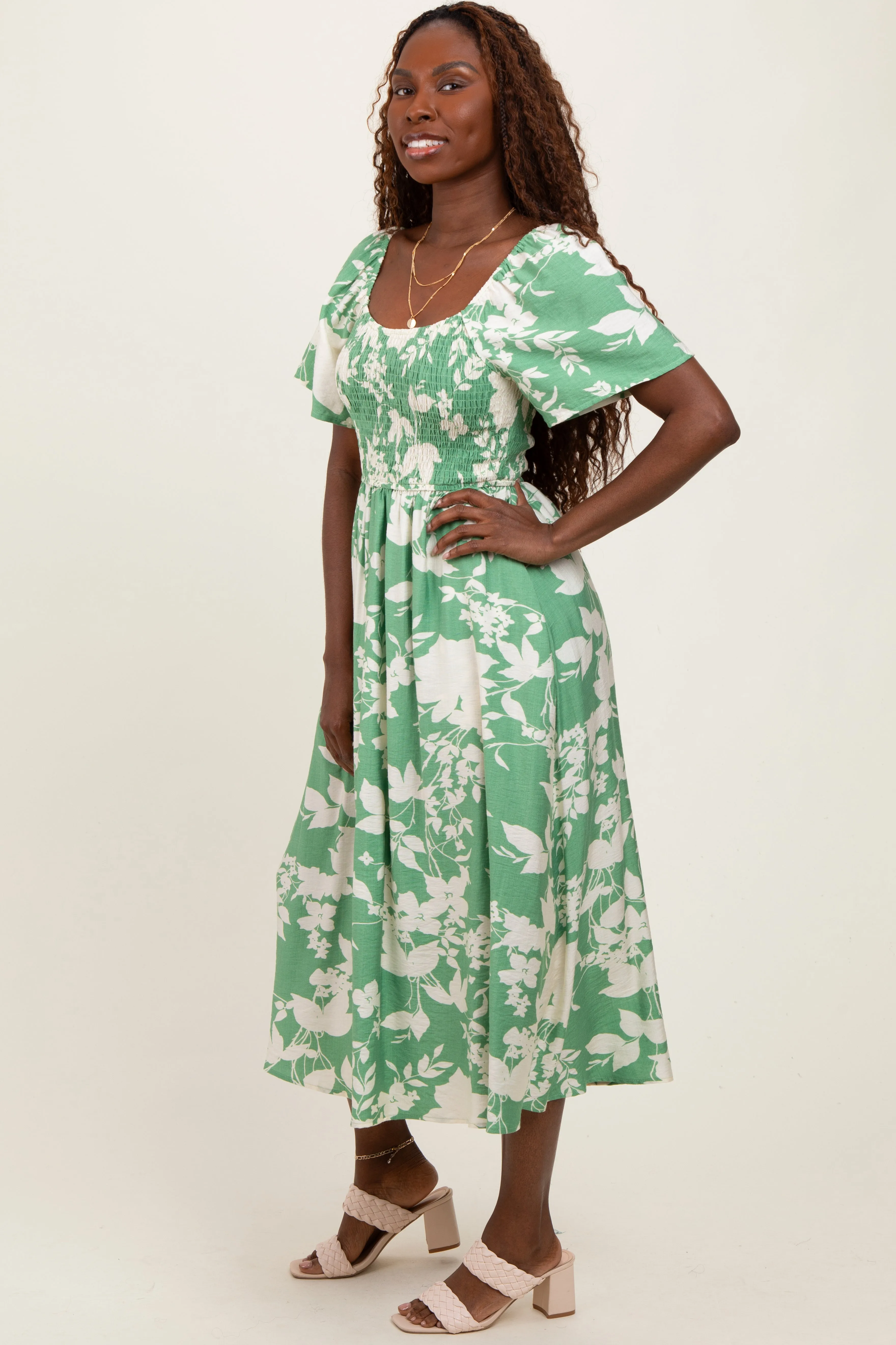 Green Floral Smocked Short Sleeve Midi Dress sold by Pinkblush product image thumbnail 3