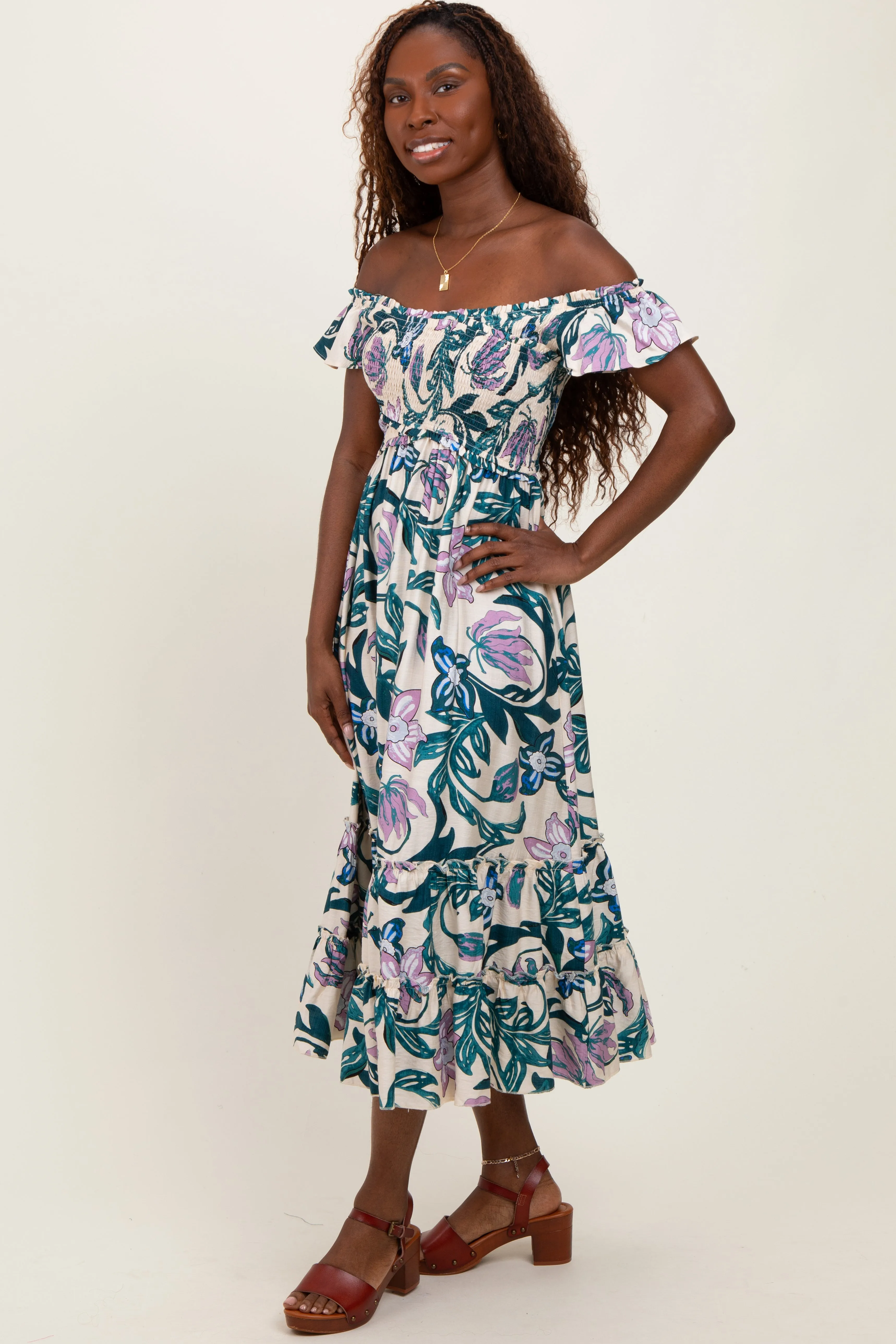 Teal Multi Smocked Top Woven Midi Dress sold by Pinkblush product image thumbnail 3