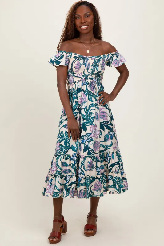 Teal Multi Smocked Top Woven Midi Dress sold by Pinkblush