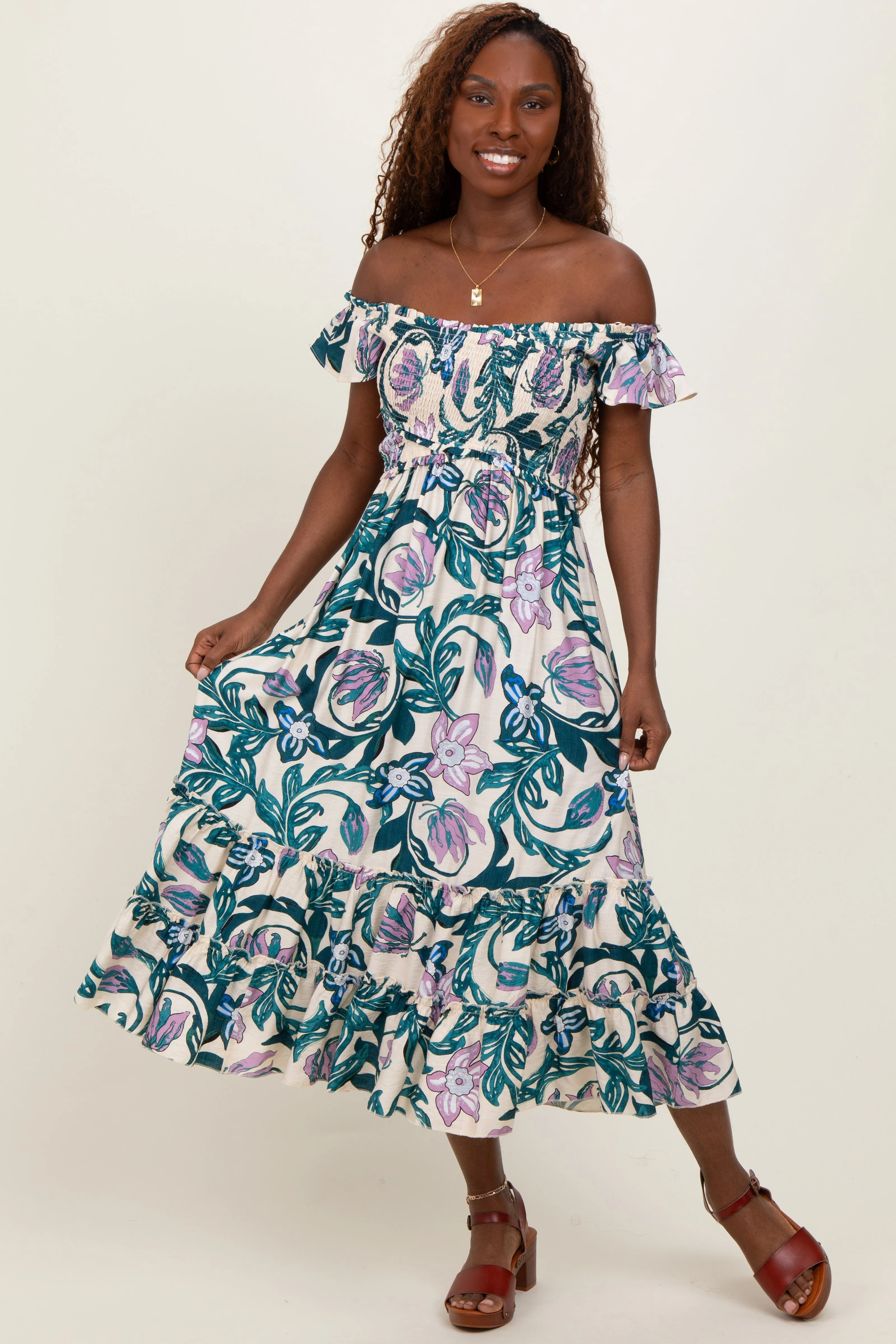 Teal Multi Smocked Top Woven Midi Dress sold by Pinkblush product image thumbnail 2