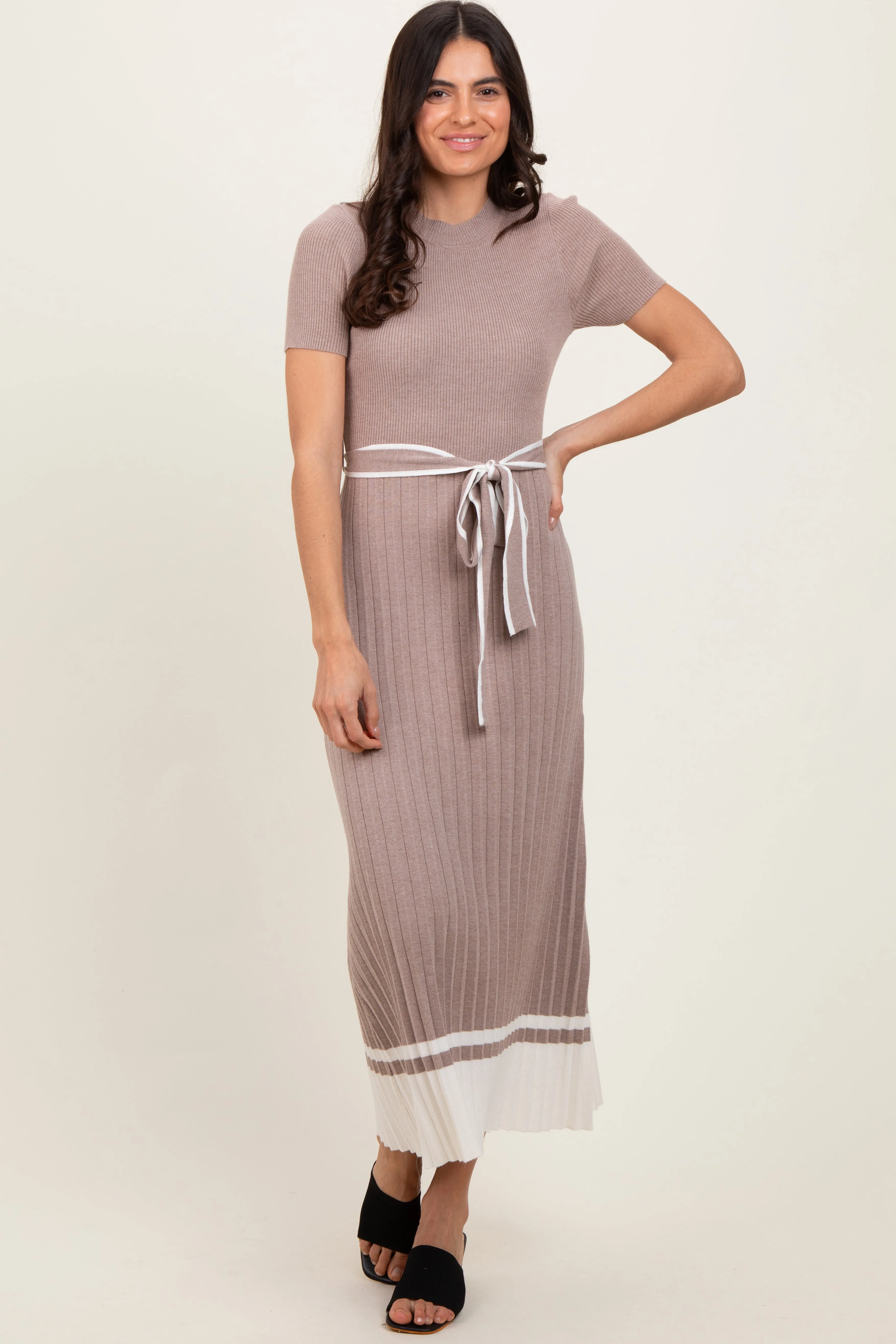 Mocha Ribbed Knit Pleated Midi Dress sold by Pinkblush product image thumbnail 2