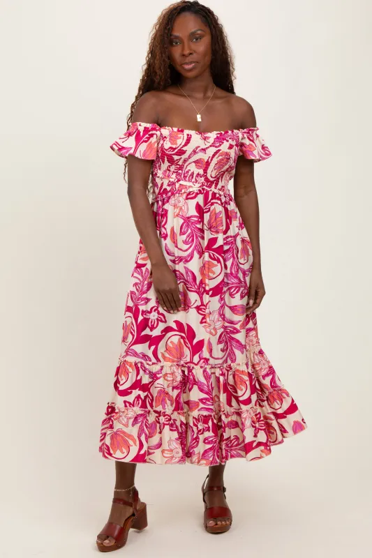 Magenta Multi Smocked Top Woven Midi Dress sold by Pinkblush