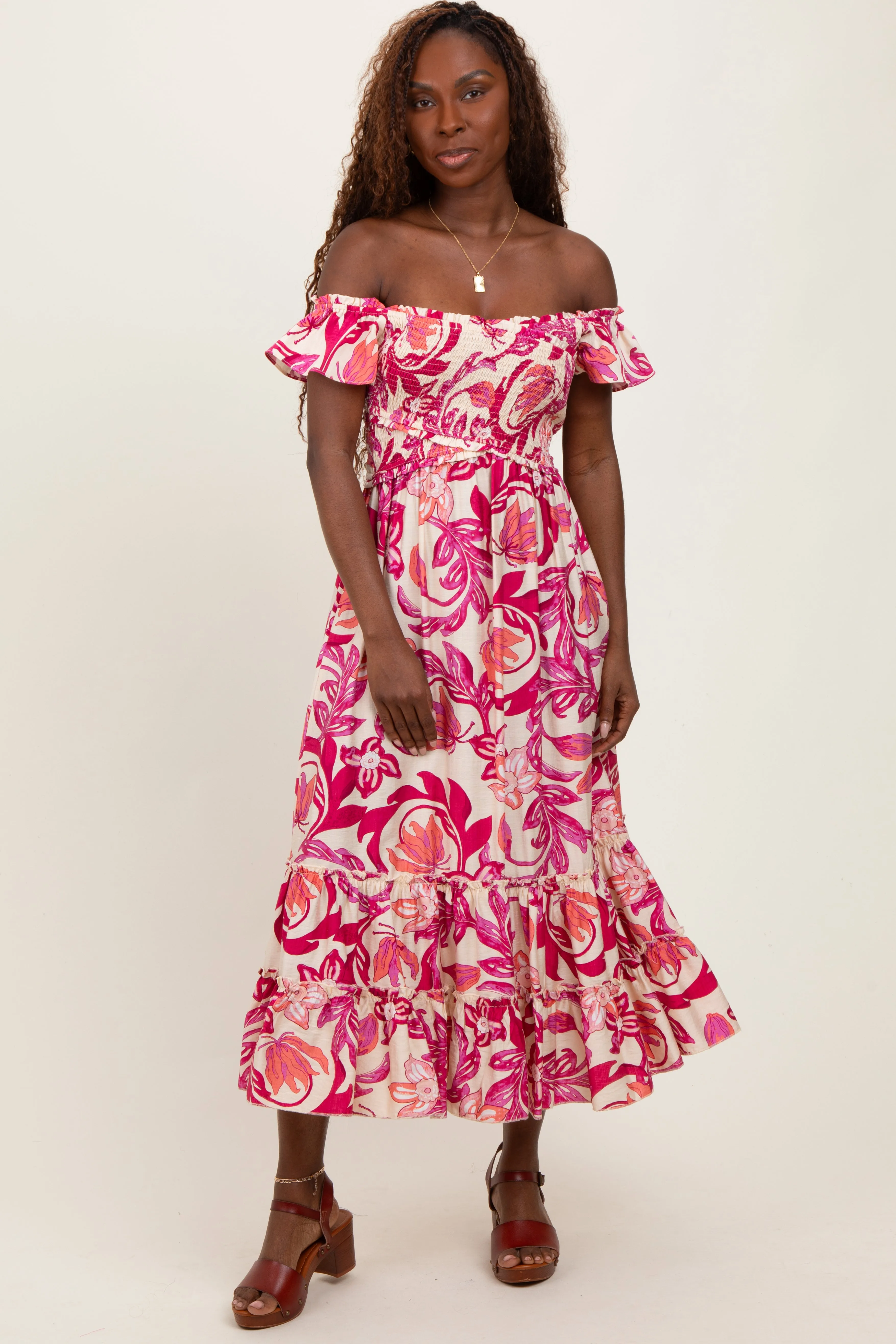 Magenta Multi Smocked Top Woven Midi Dress sold by Pinkblush