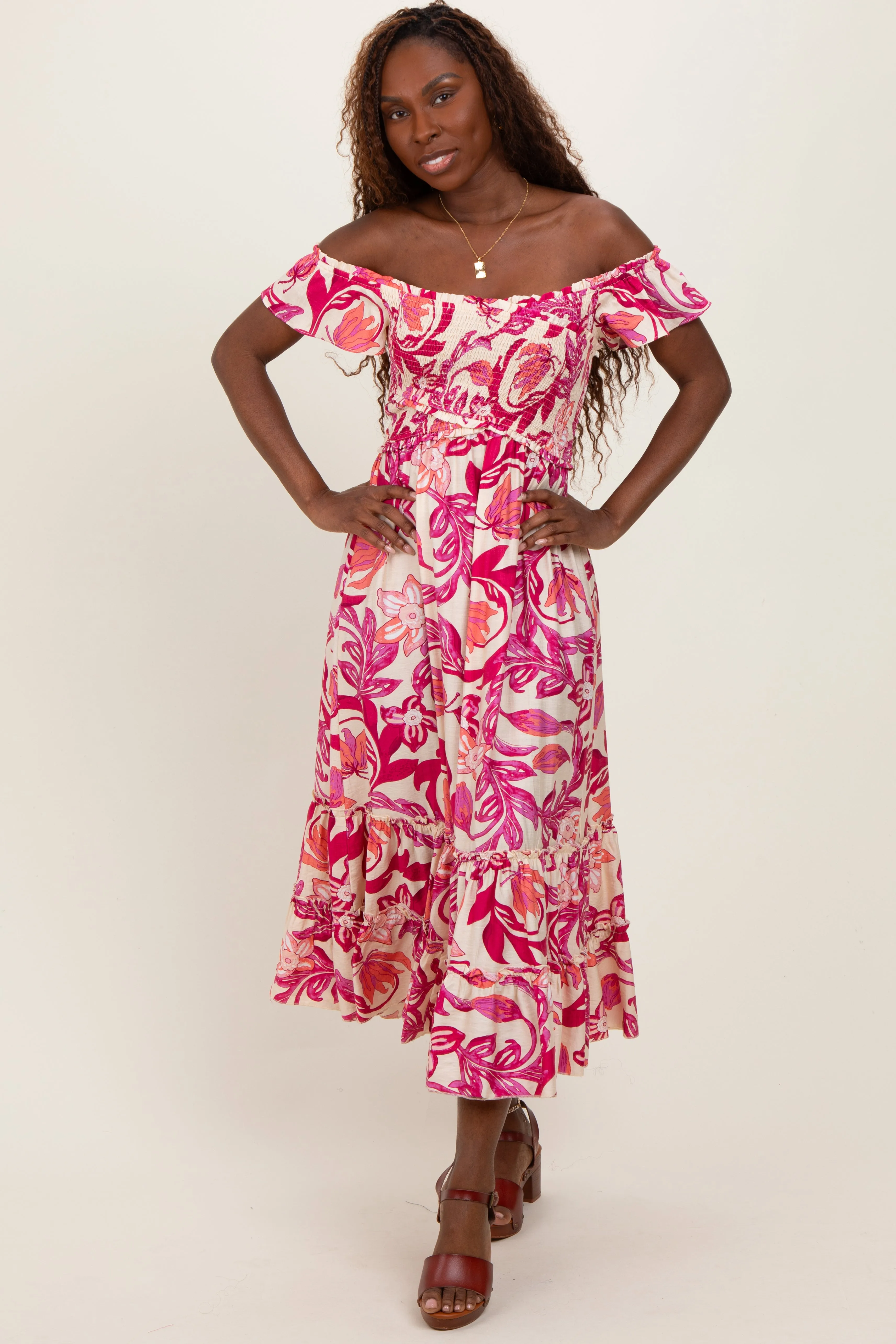 Magenta Multi Smocked Top Woven Midi Dress sold by Pinkblush product image thumbnail 2