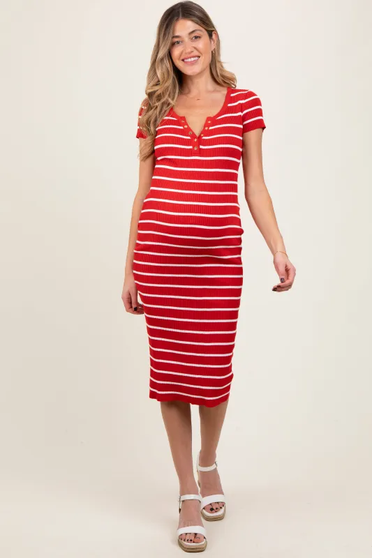 Red Striped Ribbed Henley Fitted Maternity Midi Dress sold by Pinkblush