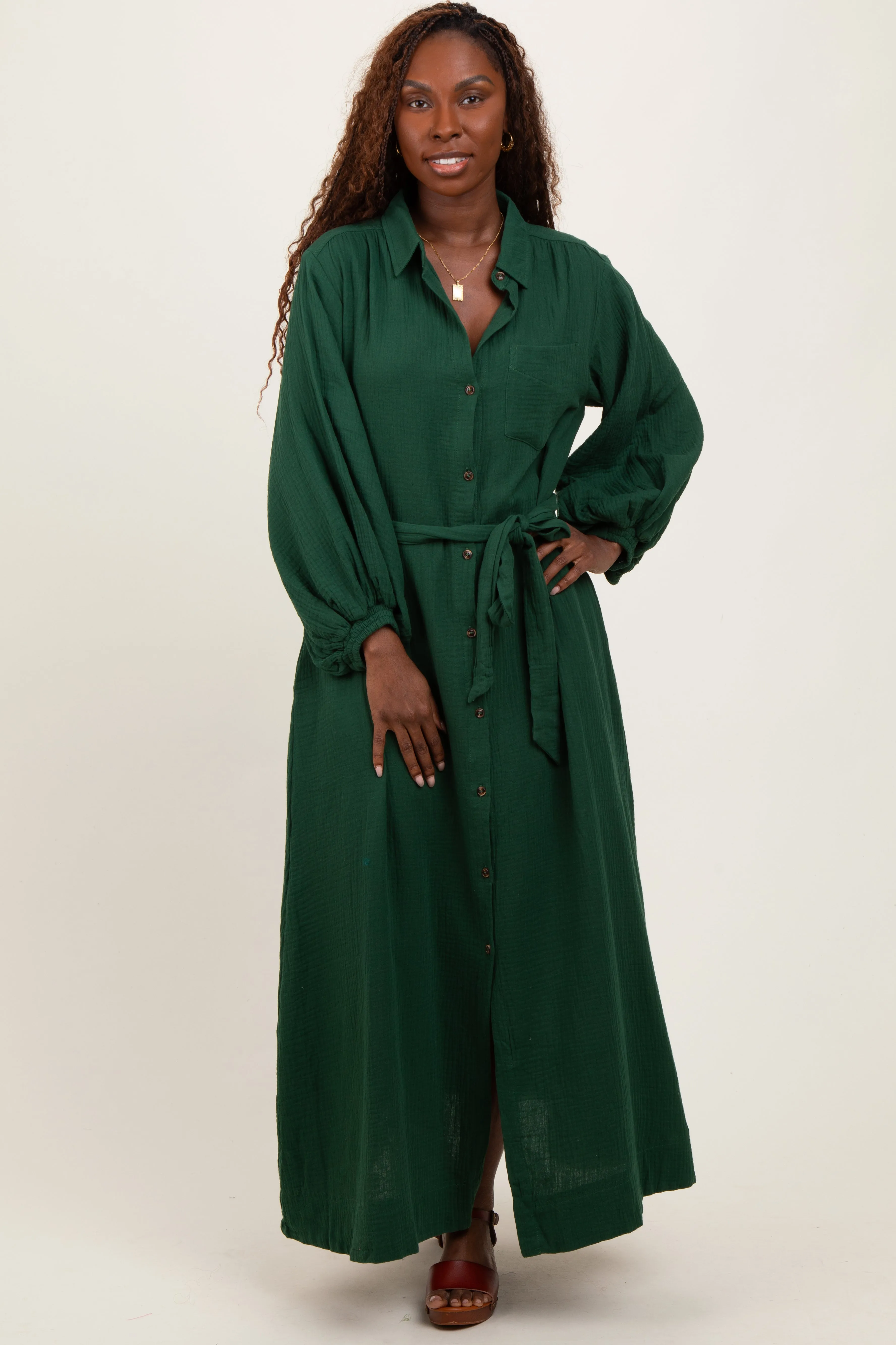 Dark Olive Gauze Belted Shirt Midi Dress sold by Pinkblush