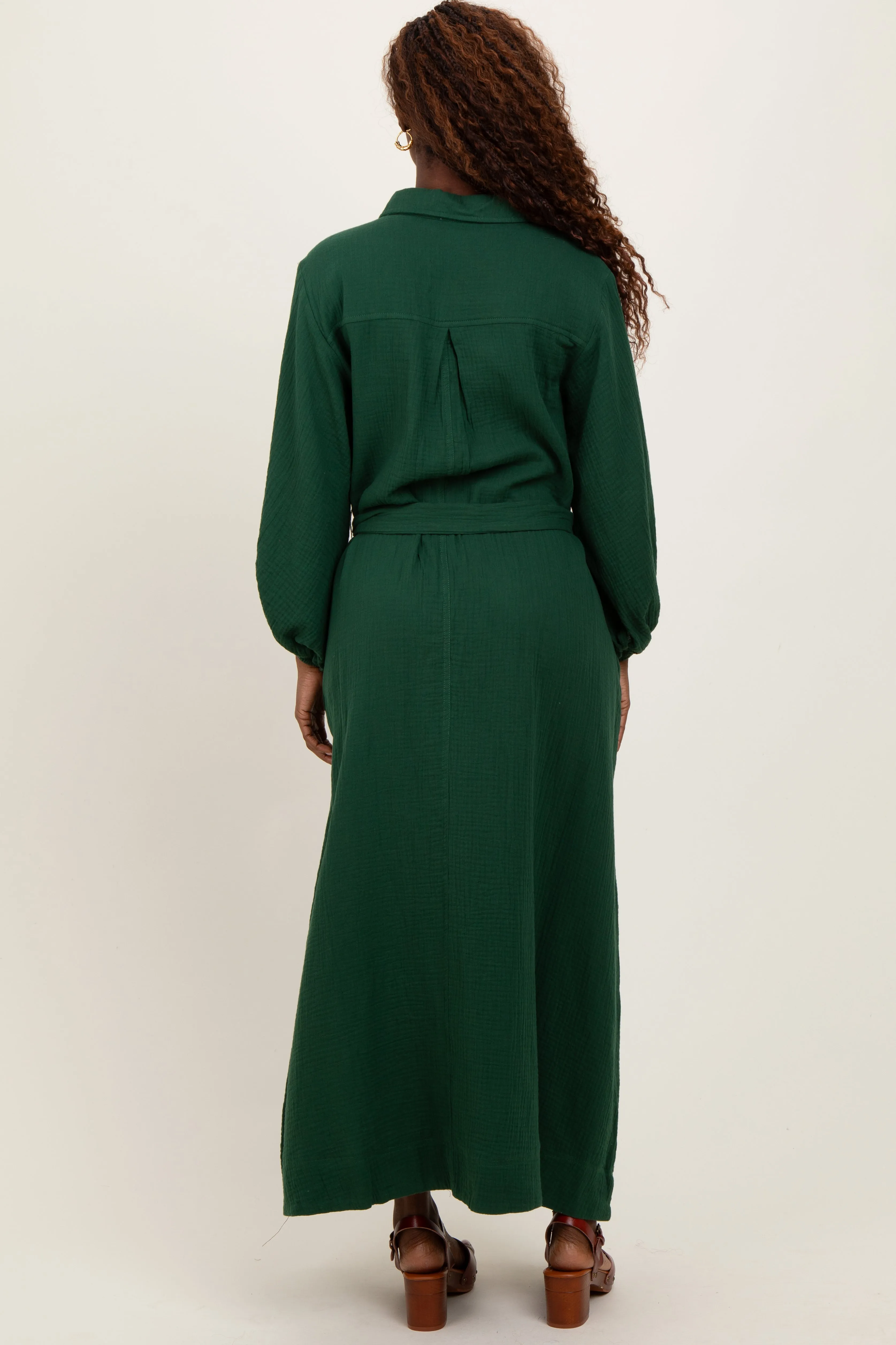 Dark Olive Gauze Belted Shirt Midi Dress sold by Pinkblush product image thumbnail 2