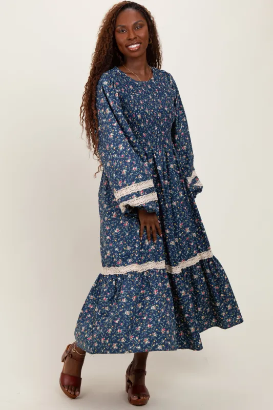 Blue Smocked Floral Crochet Lace Trim Maxi Dress sold by Pinkblush