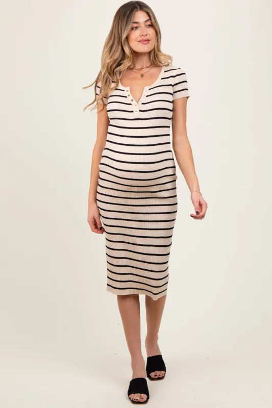 Cream Striped Ribbed Henley Fitted Maternity Midi Dress sold by Pinkblush