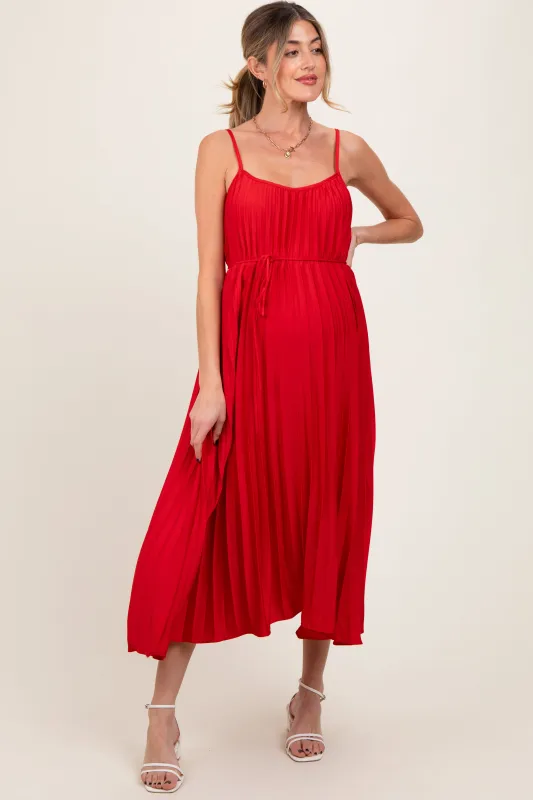 Red Pleated Sash Tie Maternity Midi Dress sold by Pinkblush