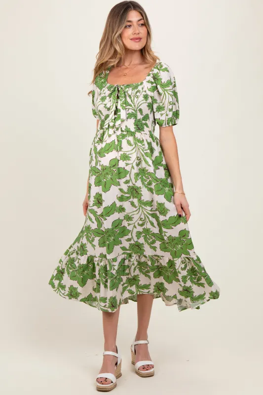 Green Floral Smocked Triple Front Tie Maternity Midi Dress sold by Pinkblush