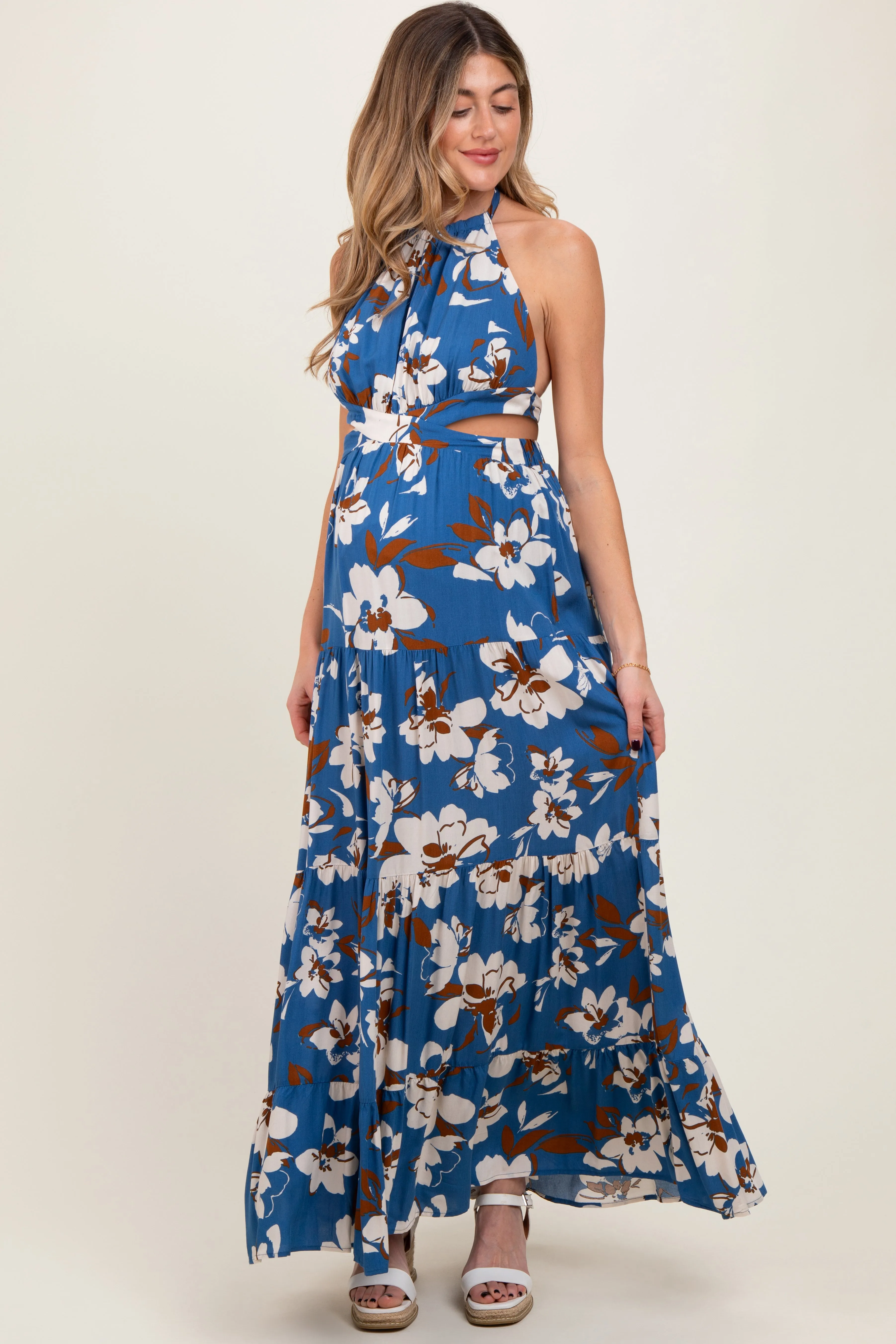 Blue Floral Halter Side Cutout Maternity Maxi Dress sold by Pinkblush