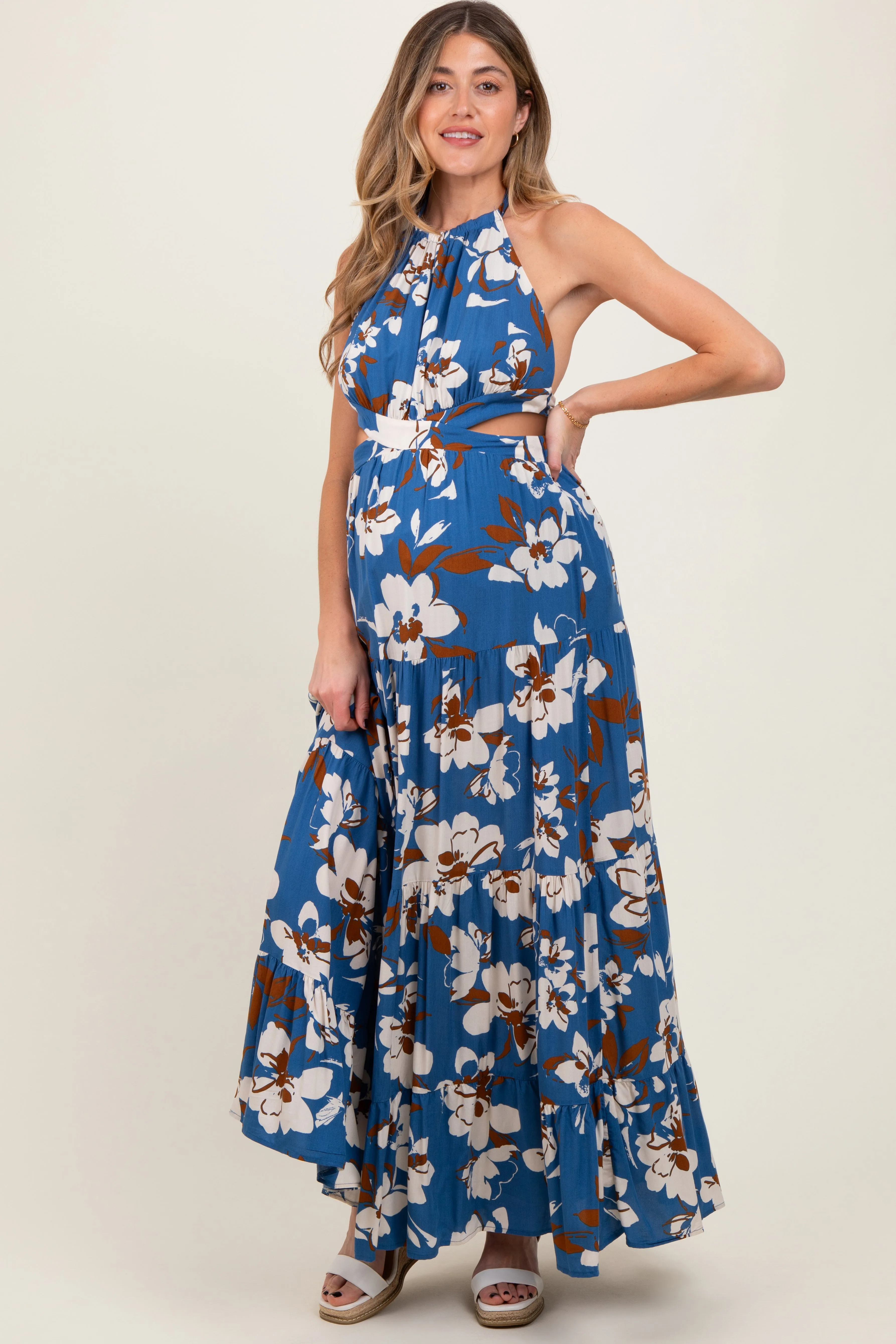 Blue Floral Halter Side Cutout Maternity Maxi Dress sold by Pinkblush product image thumbnail 2