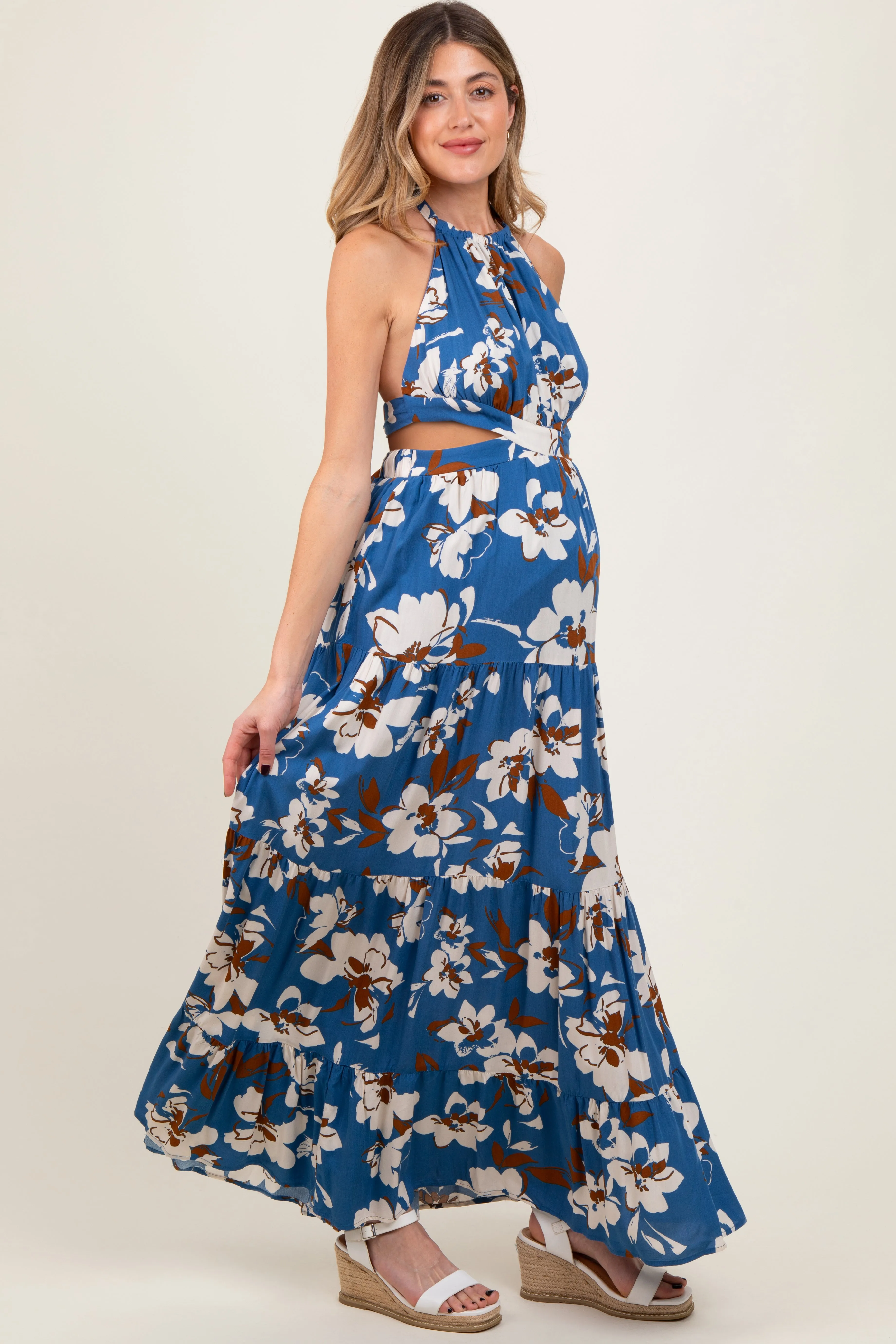 Blue Floral Halter Side Cutout Maternity Maxi Dress sold by Pinkblush product image thumbnail 3