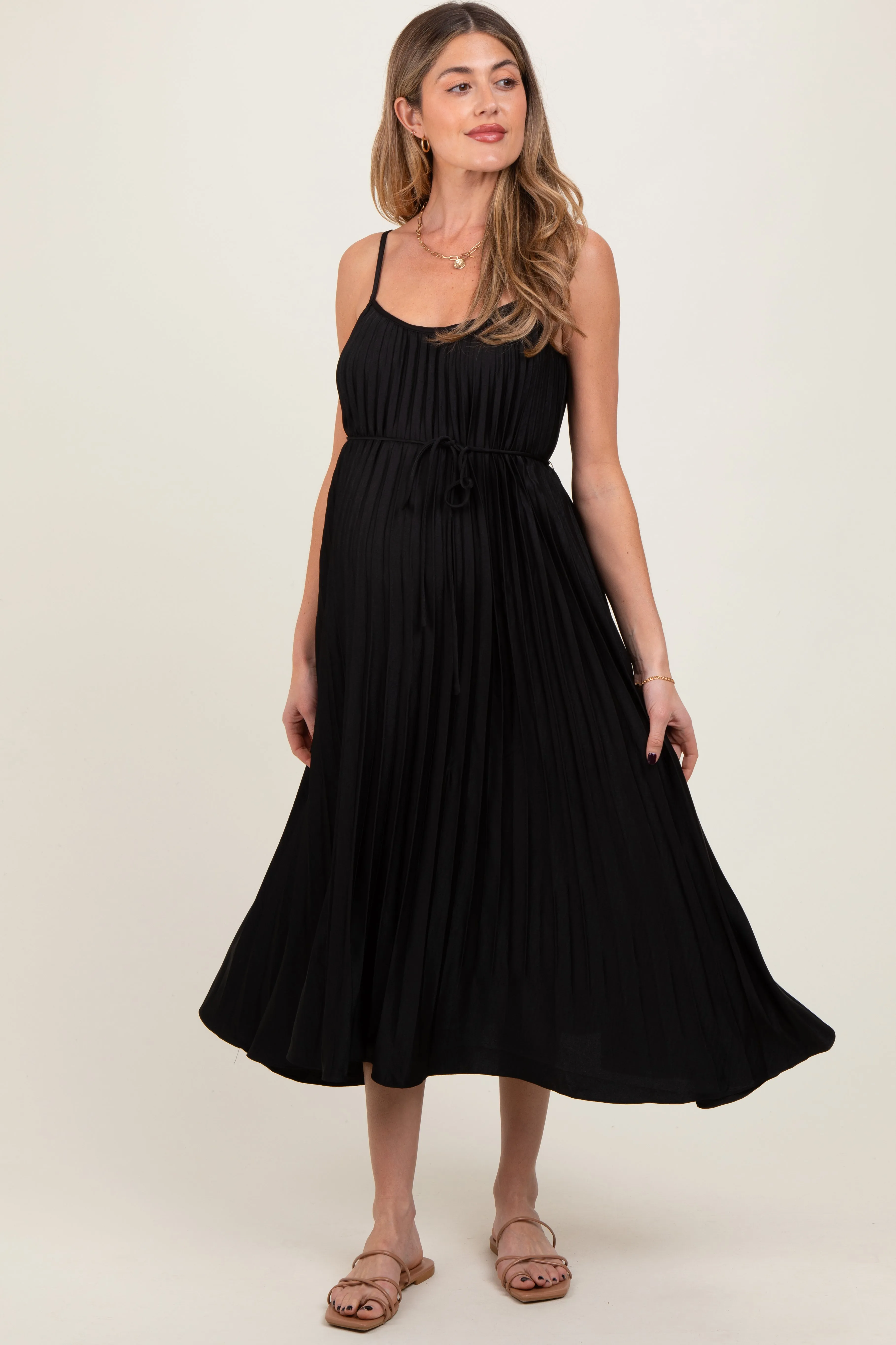 Black Pleated Sash Tie Maternity Midi Dress sold by Pinkblush