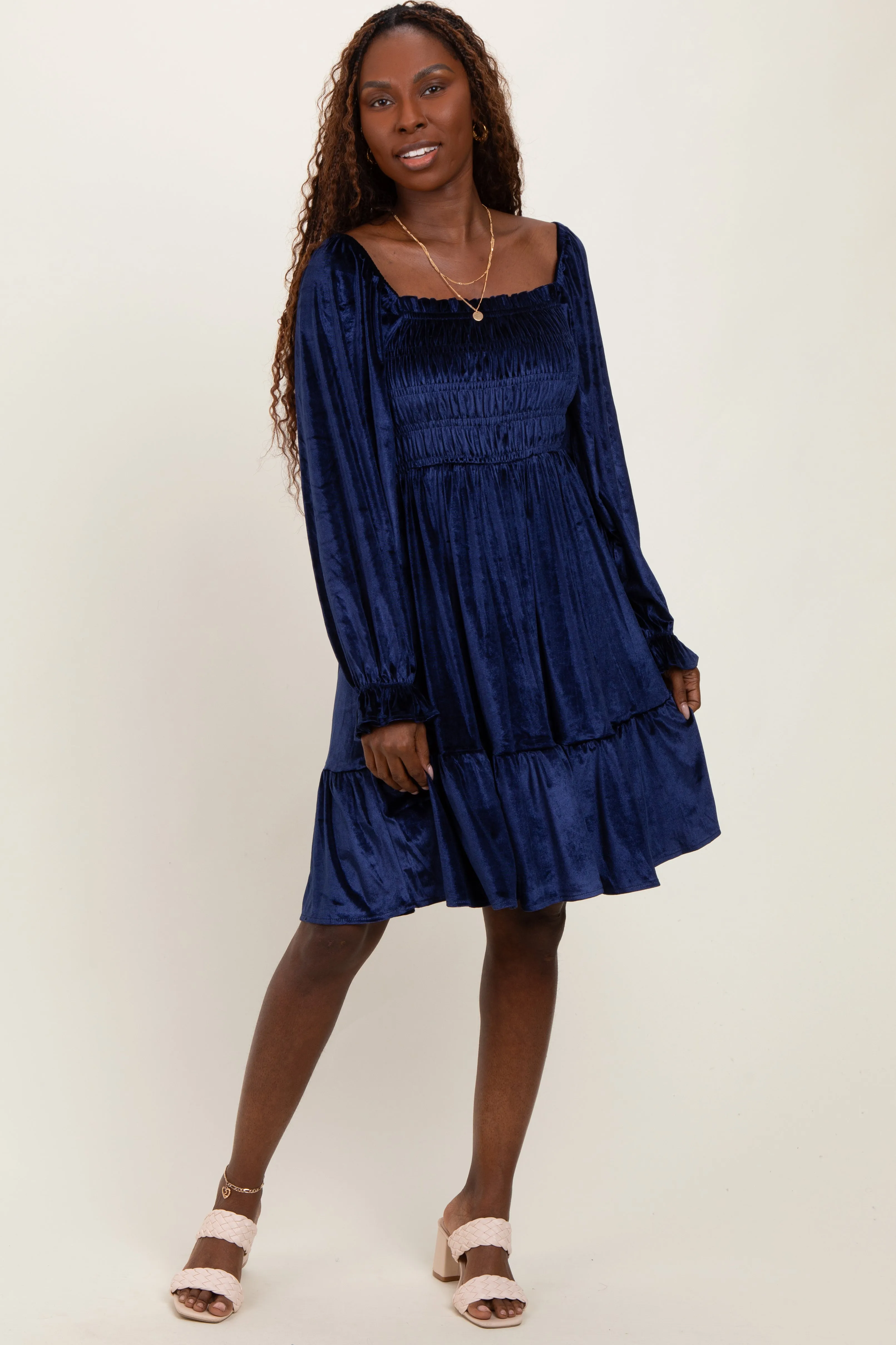 Navy Velvet Smocked Long Sleeve Dress sold by Pinkblush