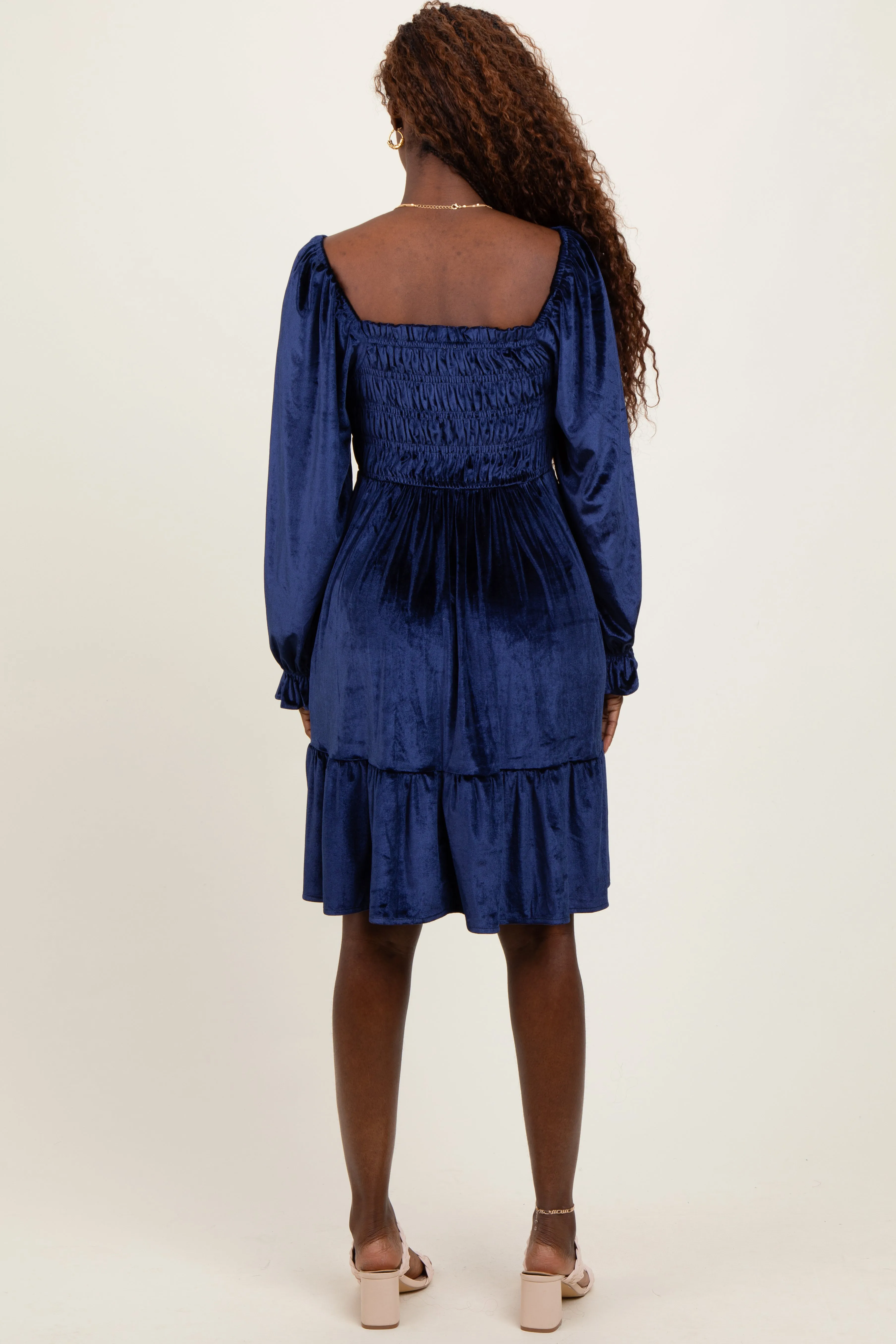 Navy Velvet Smocked Long Sleeve Dress sold by Pinkblush product image thumbnail 2
