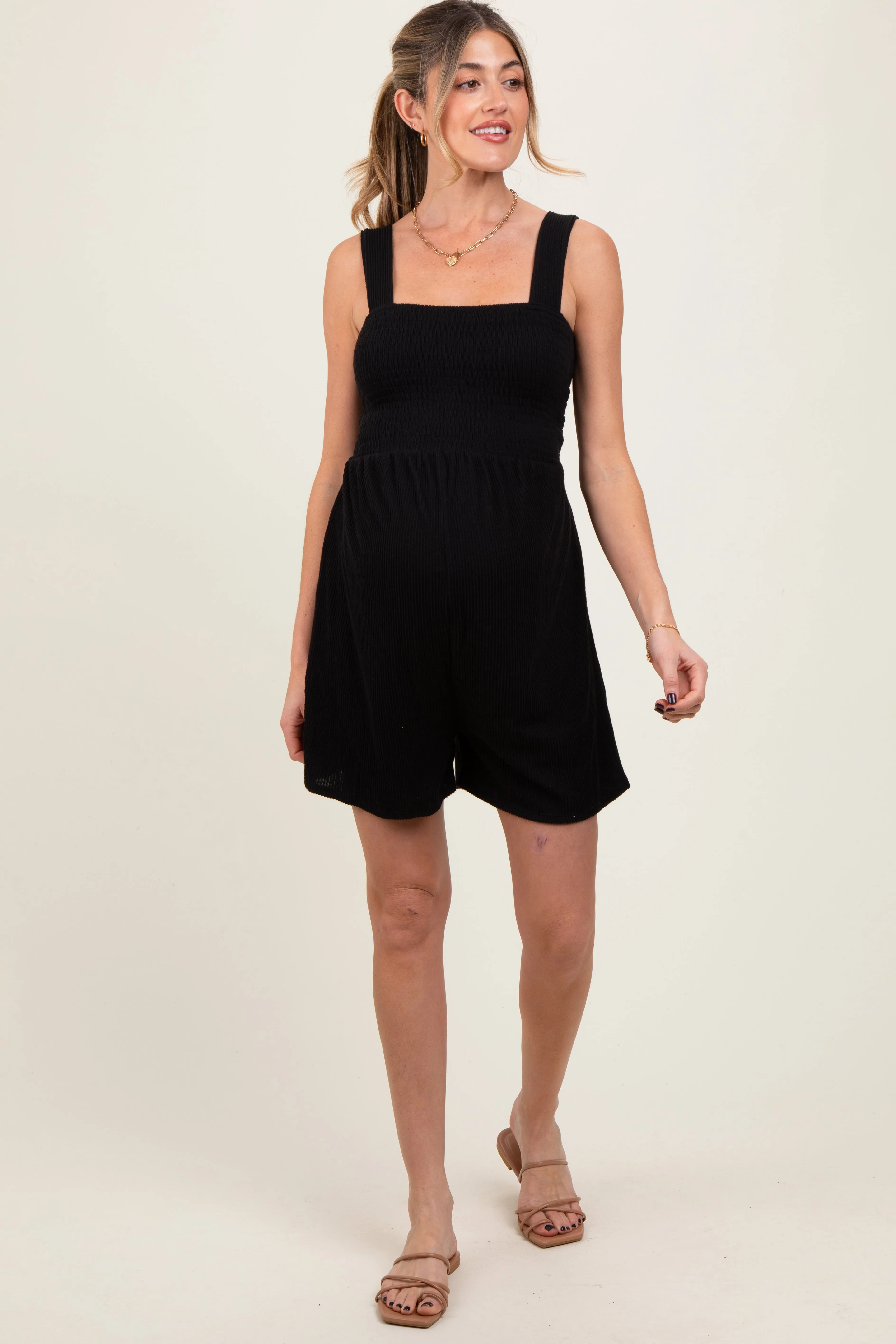 Black Ribbed Smocked Bodice Maternity Romper sold by Pinkblush product image thumbnail 2