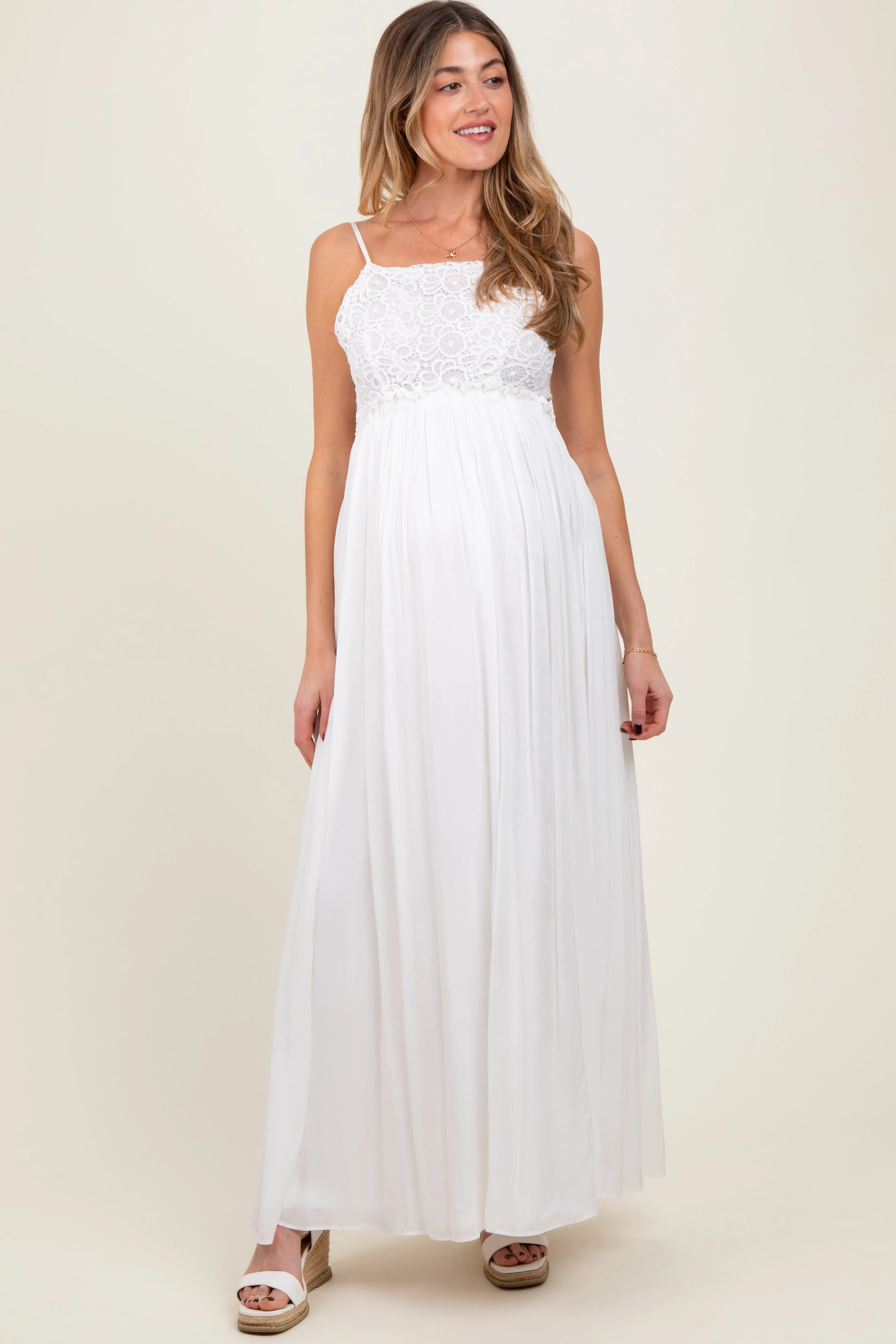 White Lace Bodice Cutout Tie Back Maternity Maxi Dress sold by Pinkblush