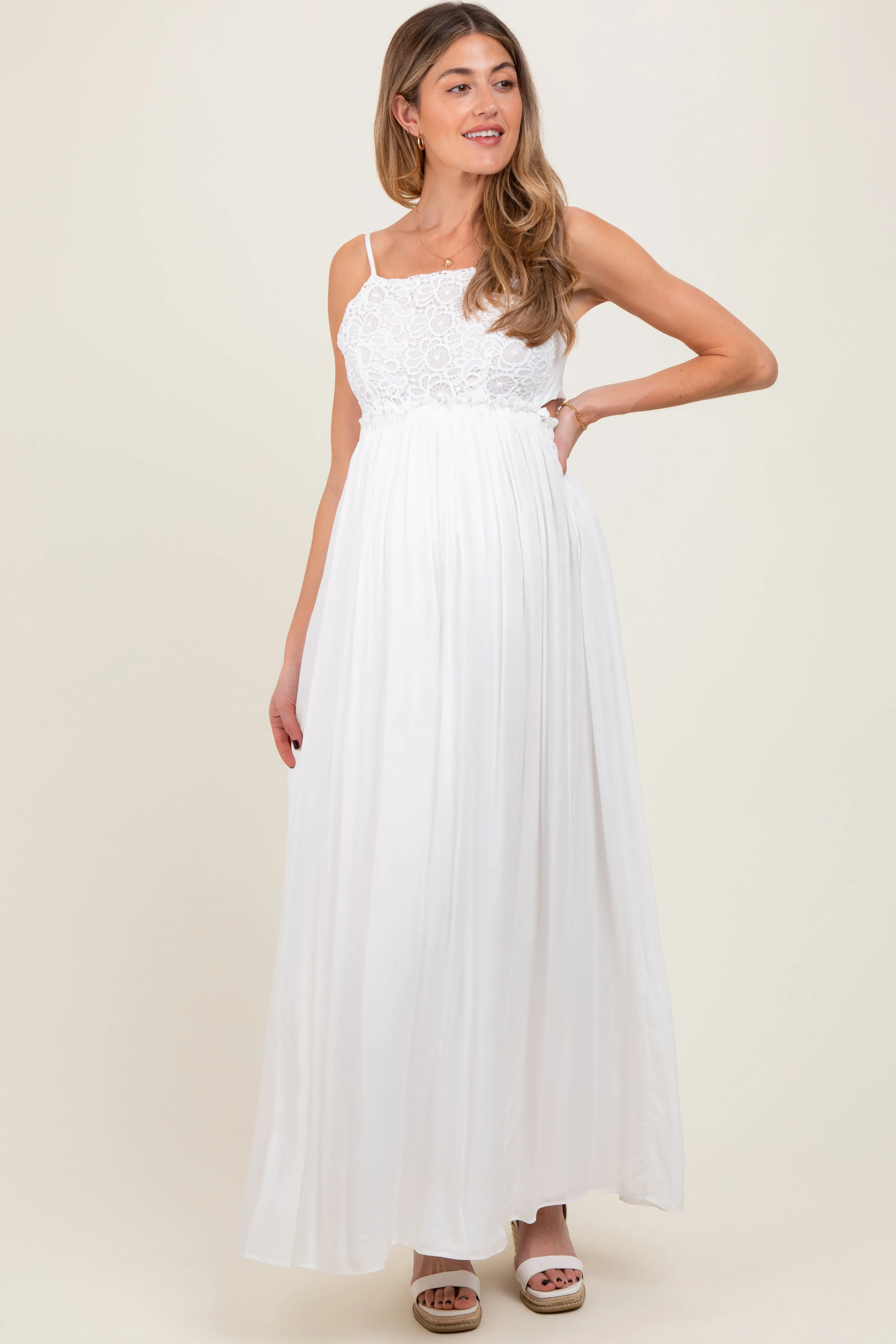 White Lace Bodice Cutout Tie Back Maternity Maxi Dress sold by Pinkblush product image thumbnail 2