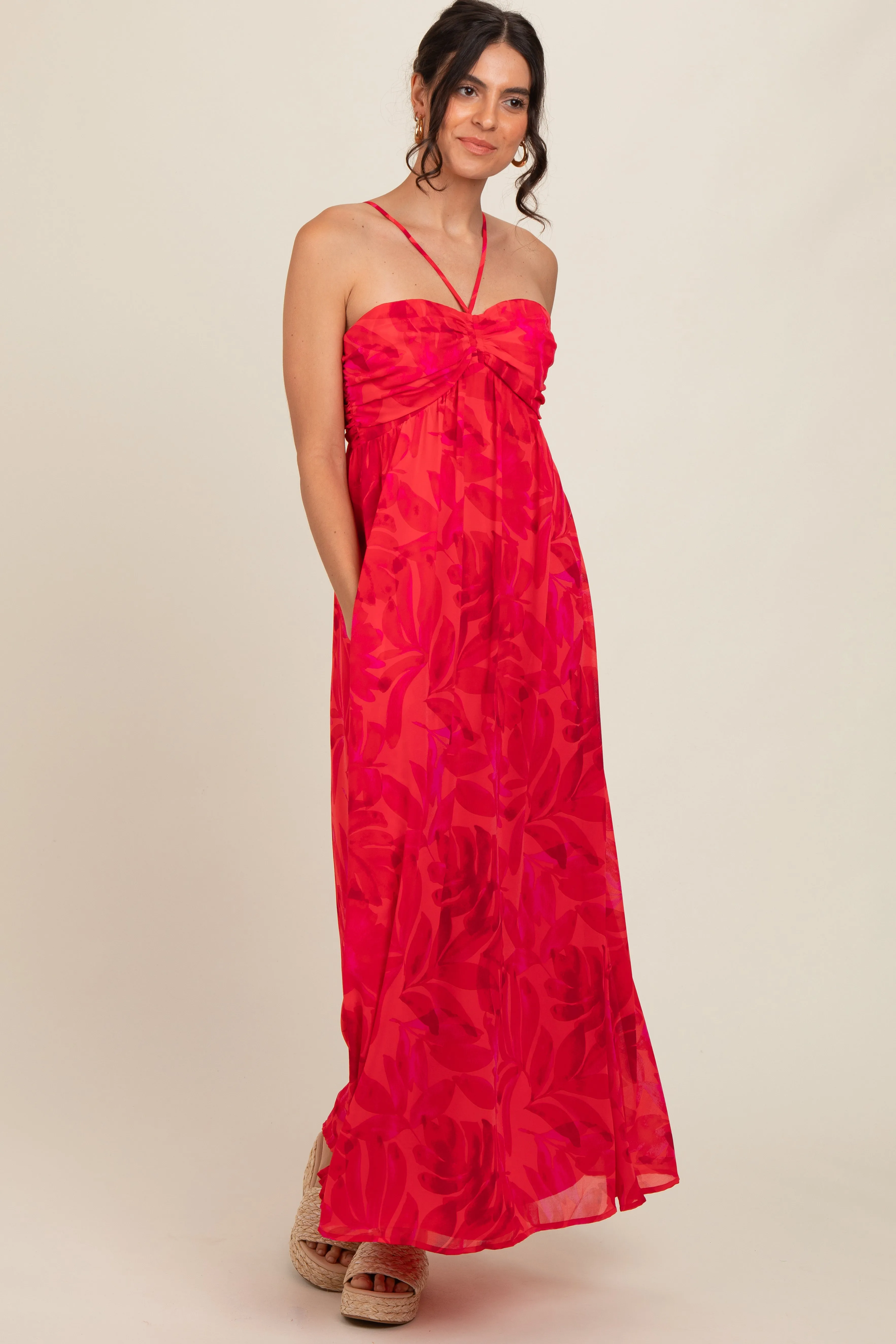 Red Tonal Floral Halter Maxi Dress sold by Pinkblush product image thumbnail 4