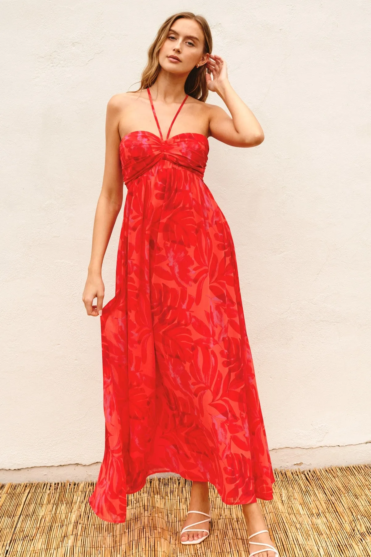Red Tonal Floral Halter Maxi Dress sold by Pinkblush