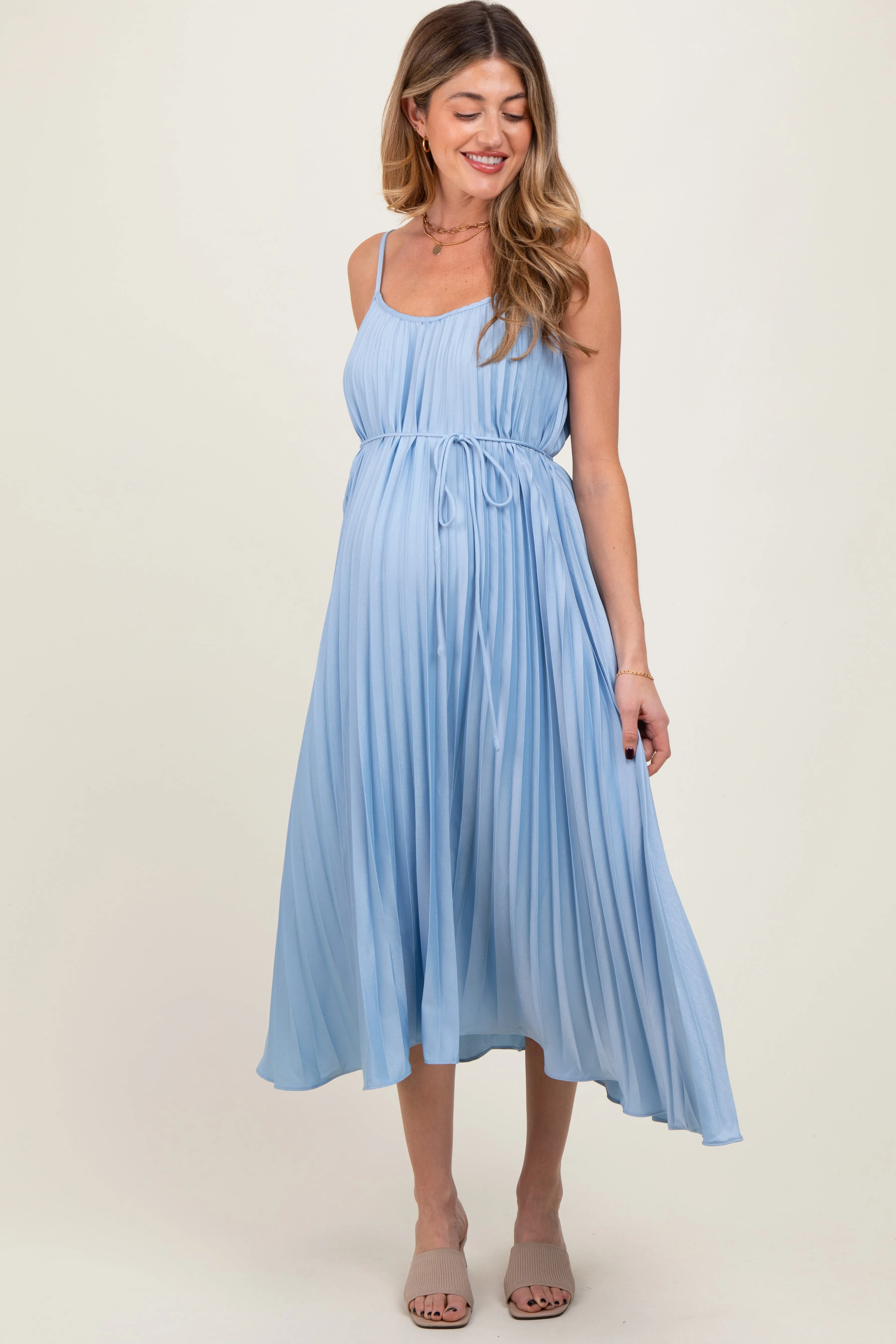 Light Blue Pleated Sash Tie Maternity Midi Dress sold by Pinkblush product image thumbnail 2