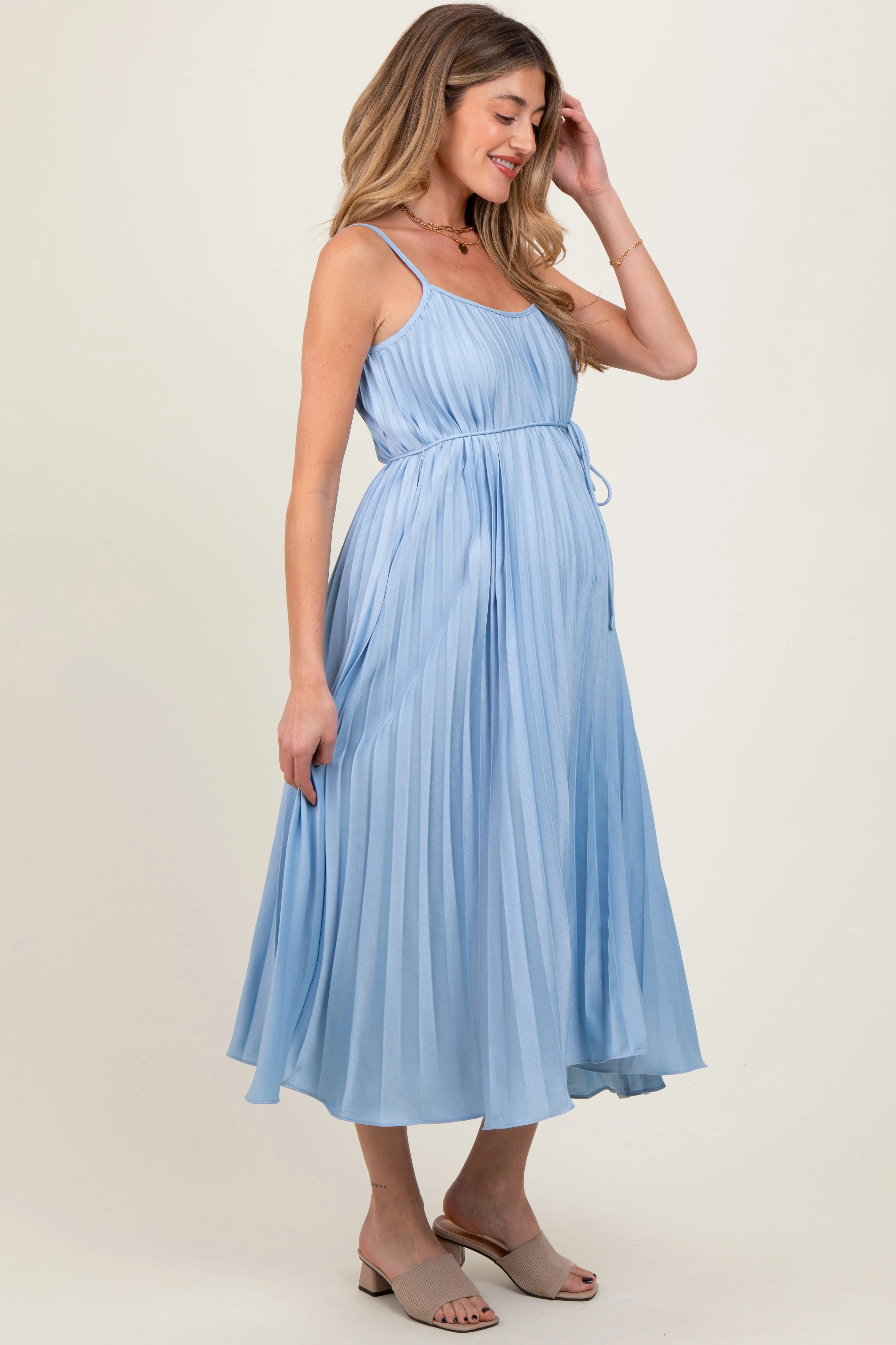 Light Blue Pleated Sash Tie Maternity Midi Dress sold by Pinkblush product image thumbnail 3