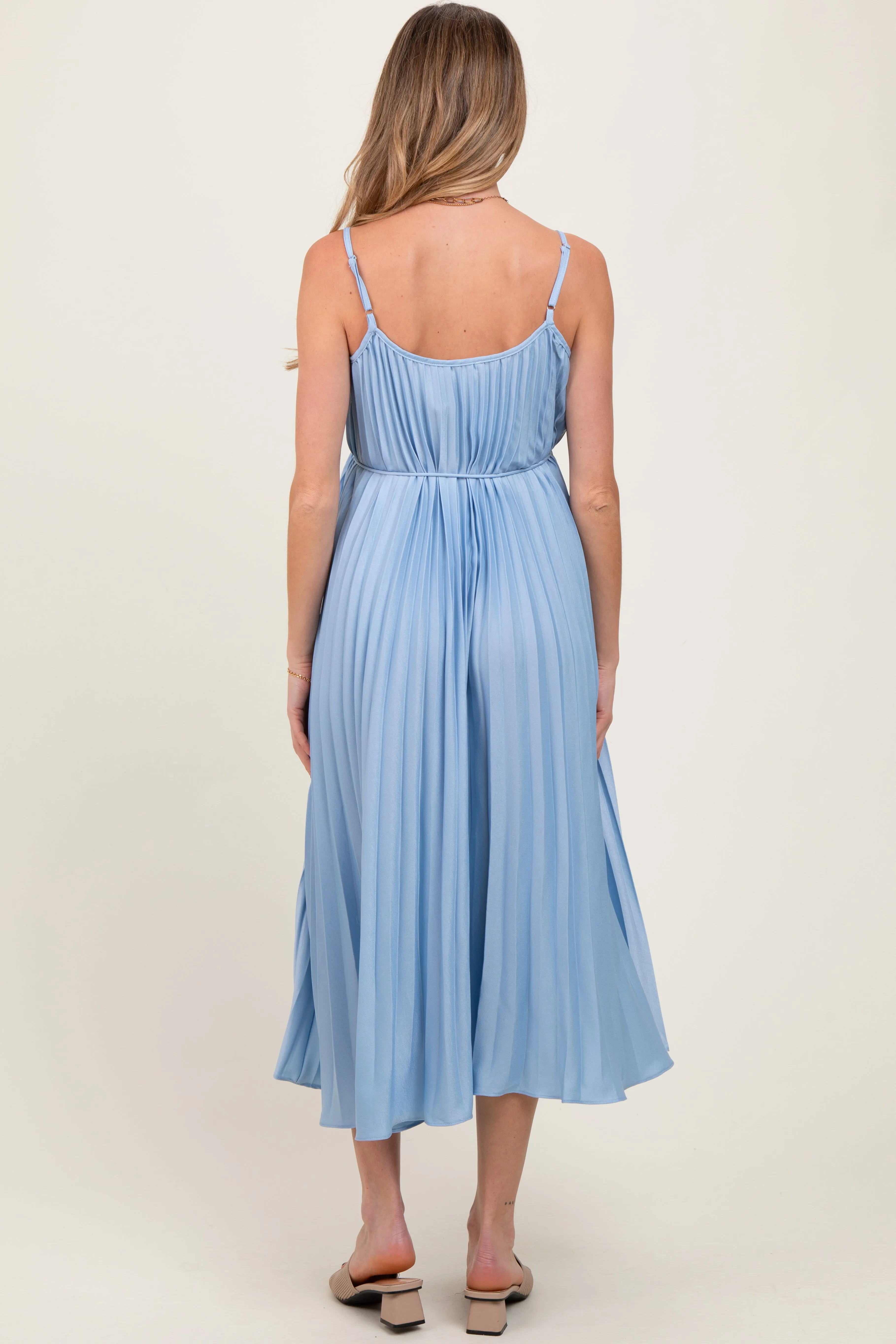 Light Blue Pleated Sash Tie Maternity Midi Dress sold by Pinkblush product image thumbnail 4
