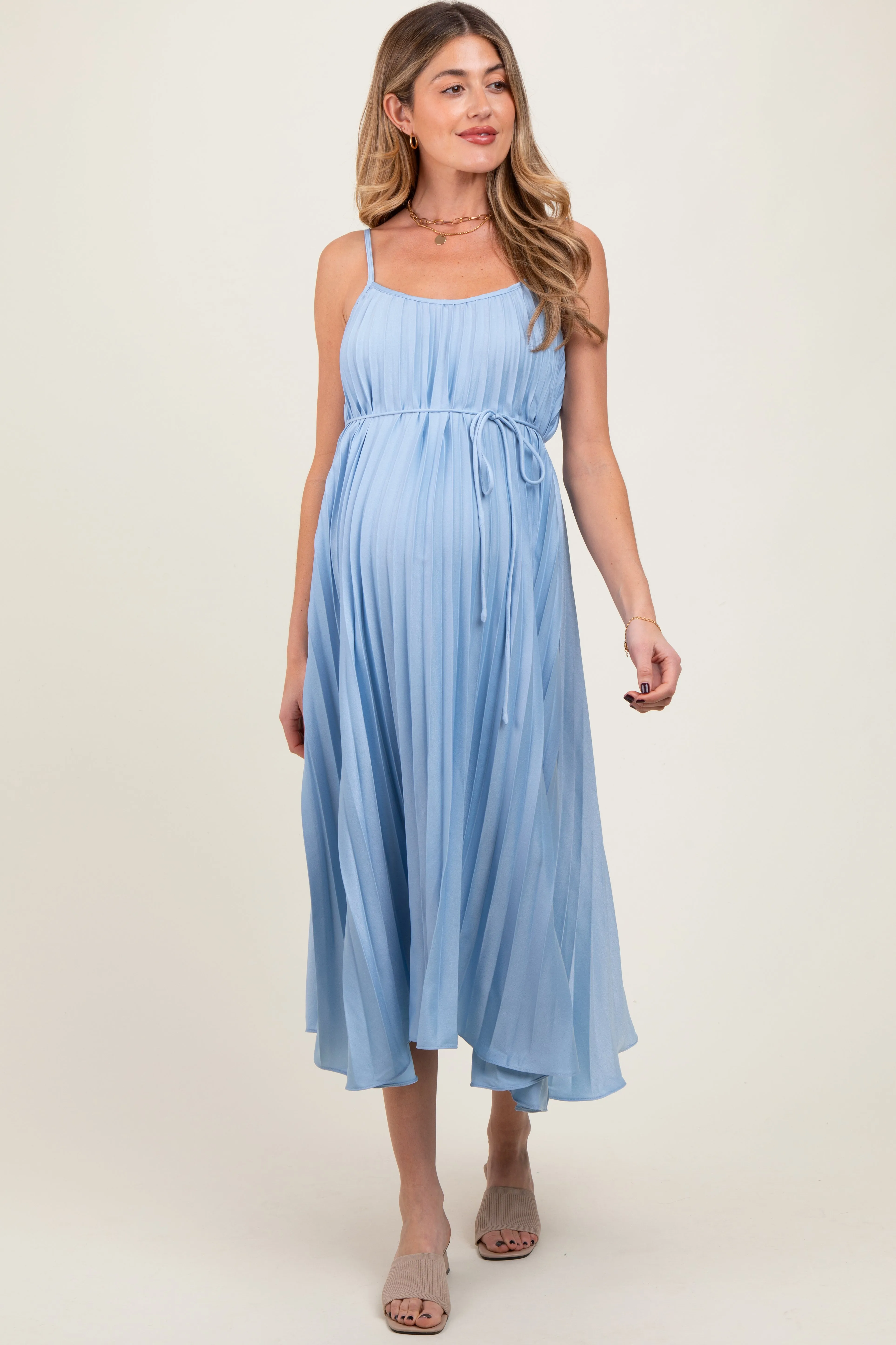Light Blue Pleated Sash Tie Maternity Midi Dress sold by Pinkblush