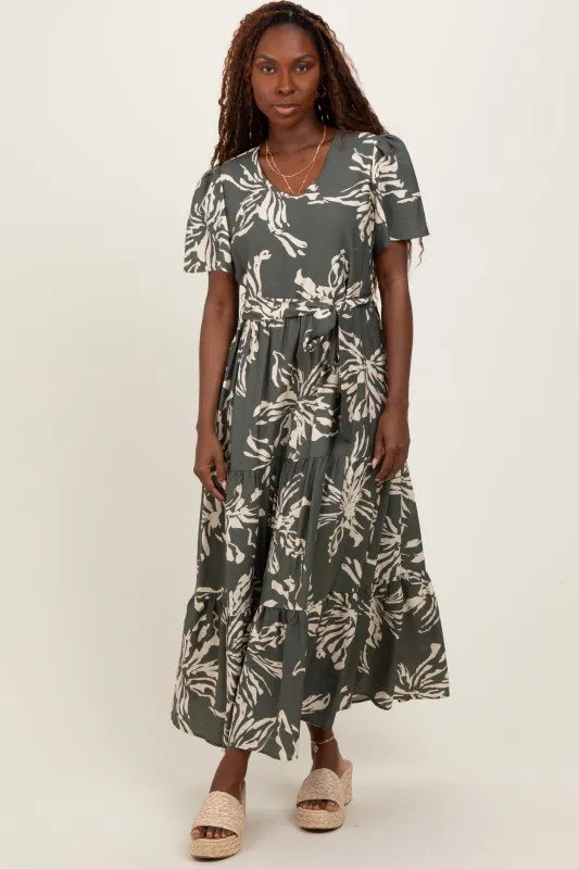 Olive Floral V-Neck Waist Tie Midi Dress sold by Pinkblush