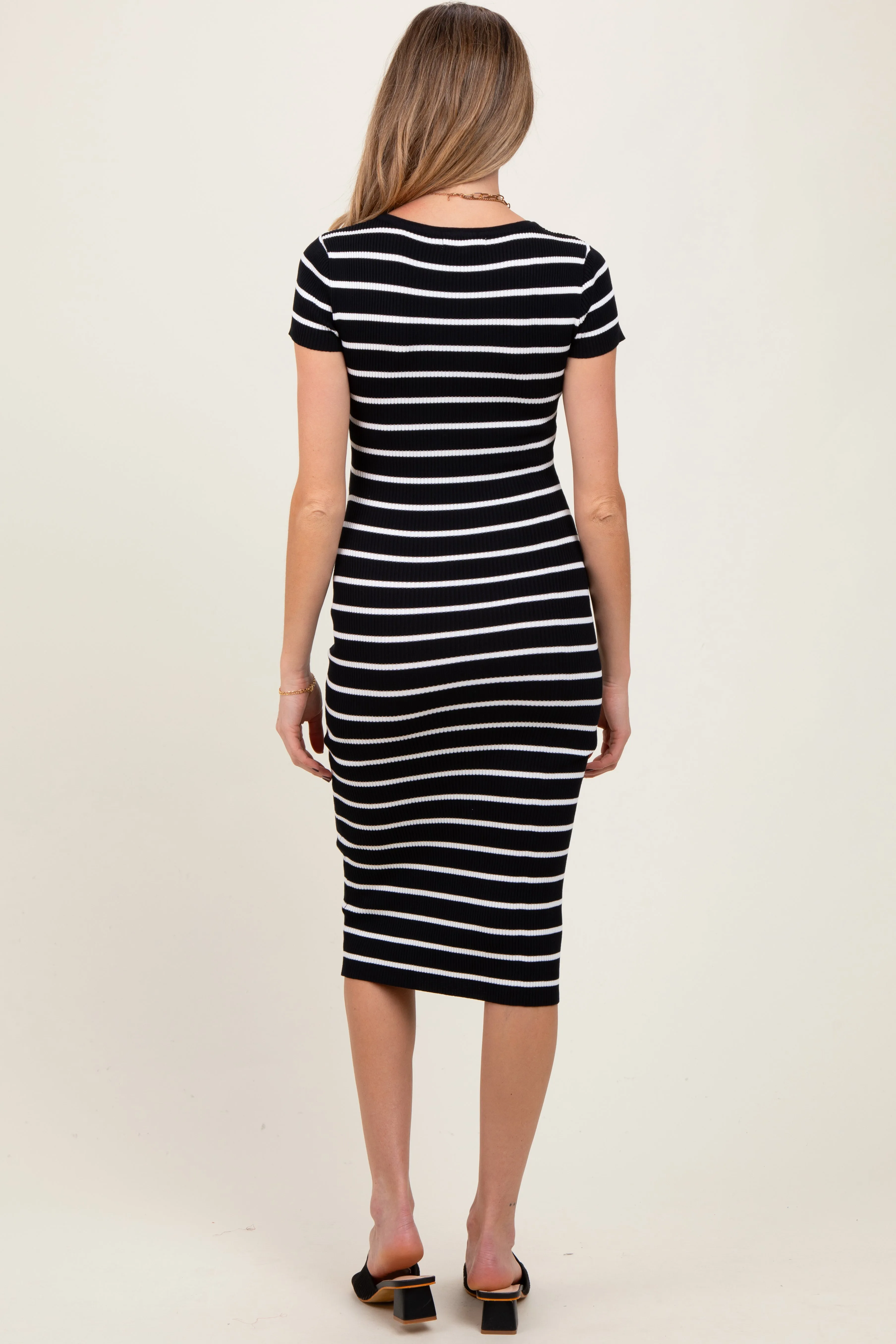 Black Striped Ribbed Henley Fitted Maternity Midi Dress sold by Pinkblush product image thumbnail 4