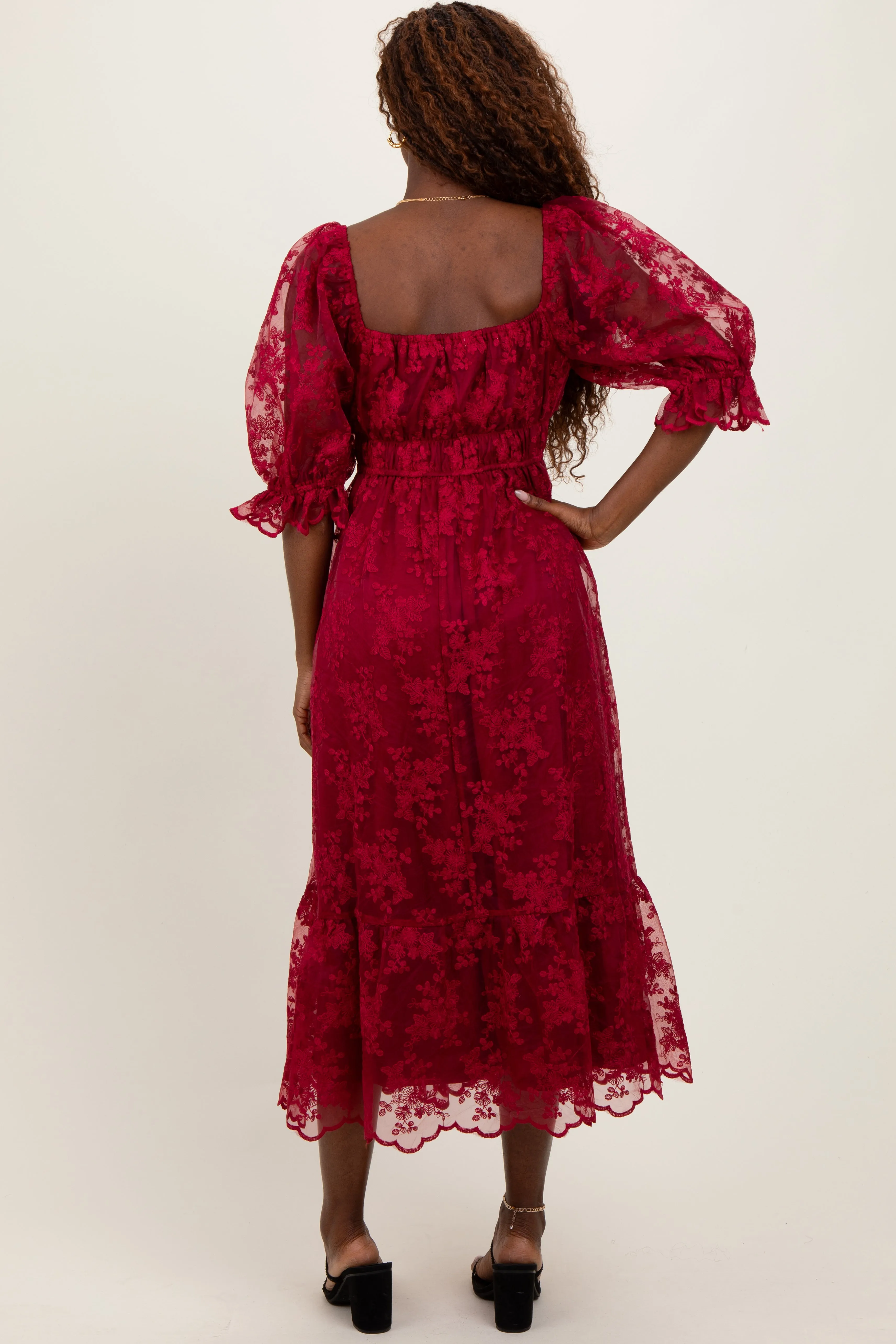 Burgundy Floral Mesh Lace Overlay Maxi Dress sold by Pinkblush product image thumbnail 3