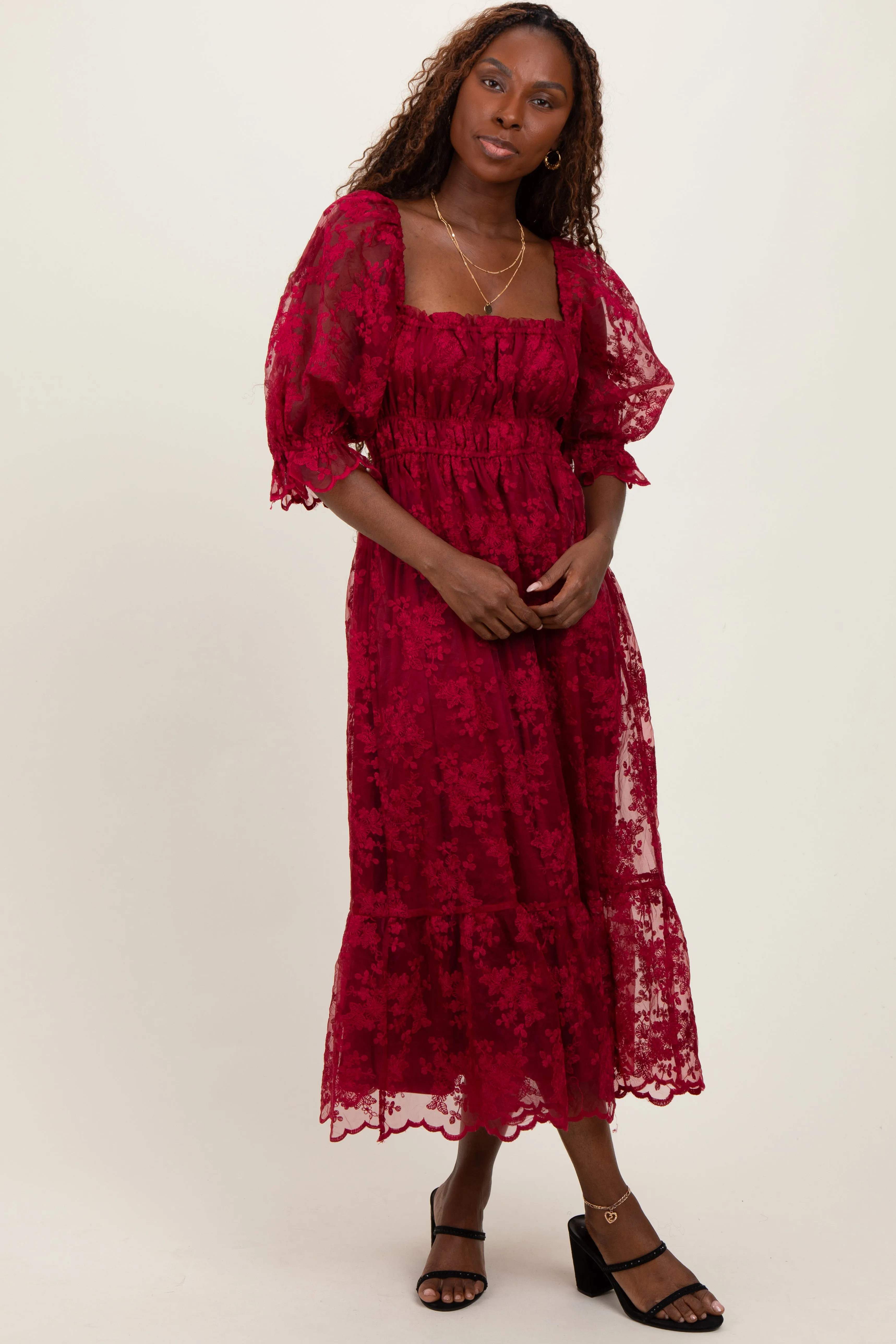 Burgundy Floral Mesh Lace Overlay Maxi Dress sold by Pinkblush