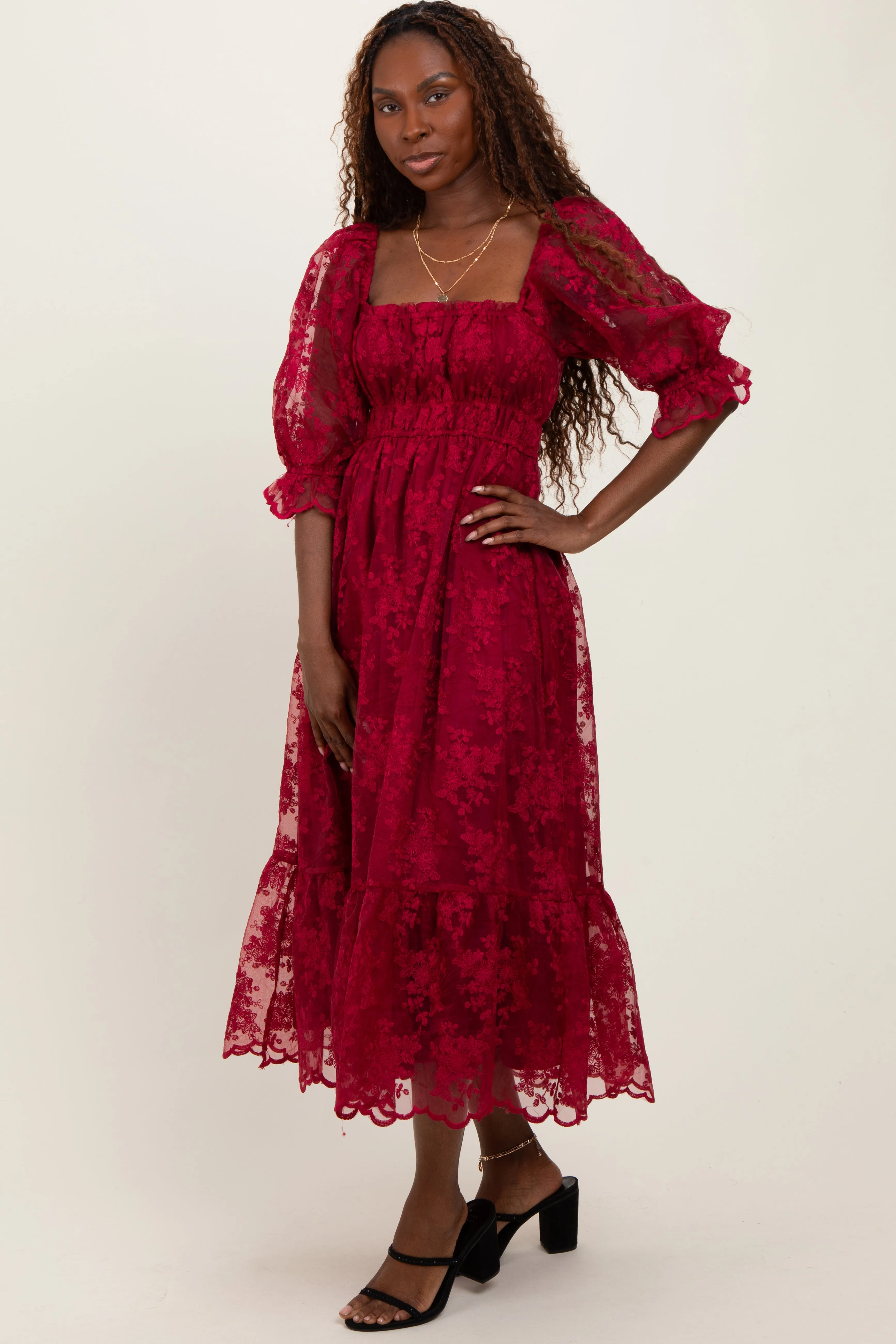 Burgundy Floral Mesh Lace Overlay Maxi Dress sold by Pinkblush product image thumbnail 2