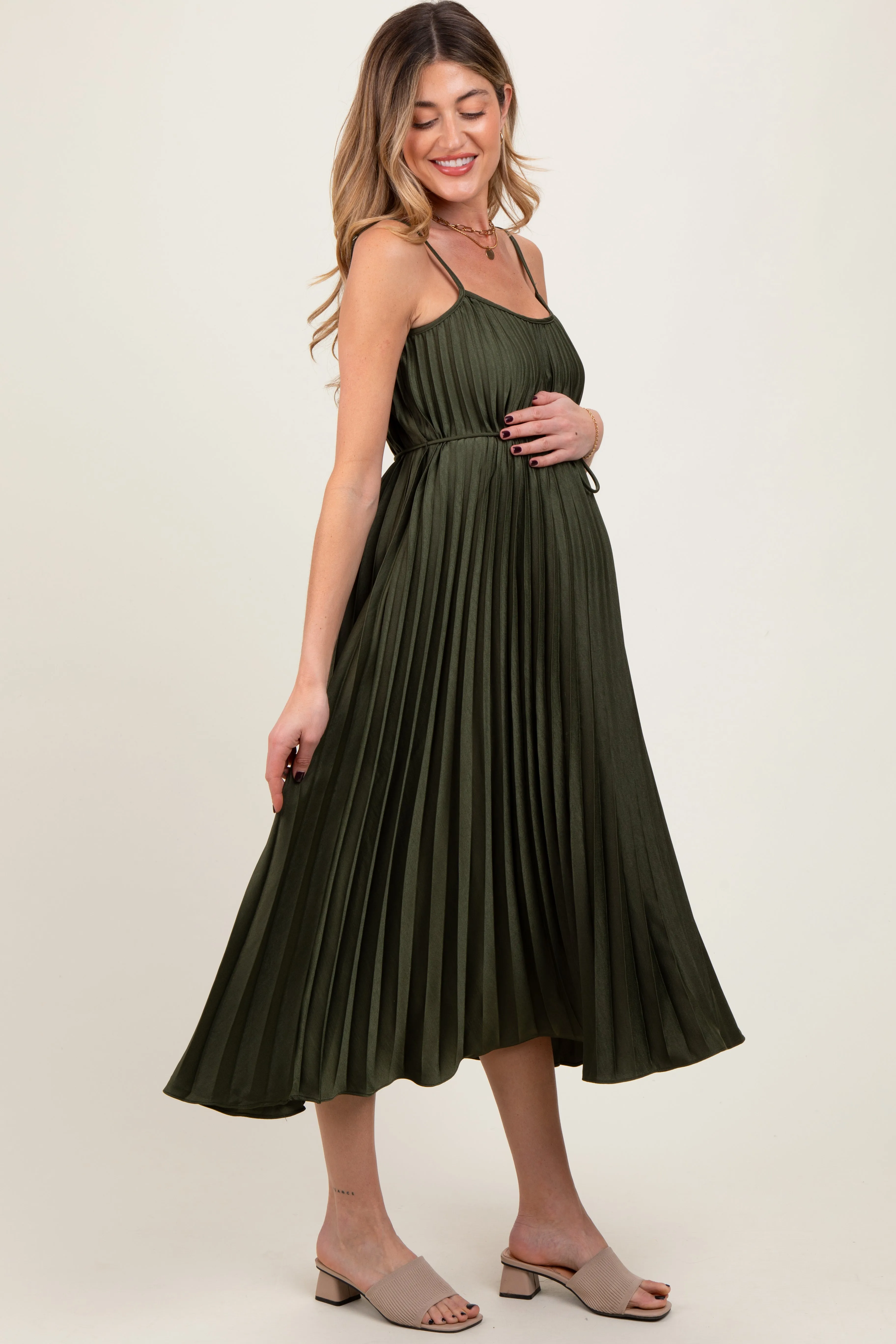 Olive Pleated Sash Tie Maternity Midi Dress sold by Pinkblush product image thumbnail 3