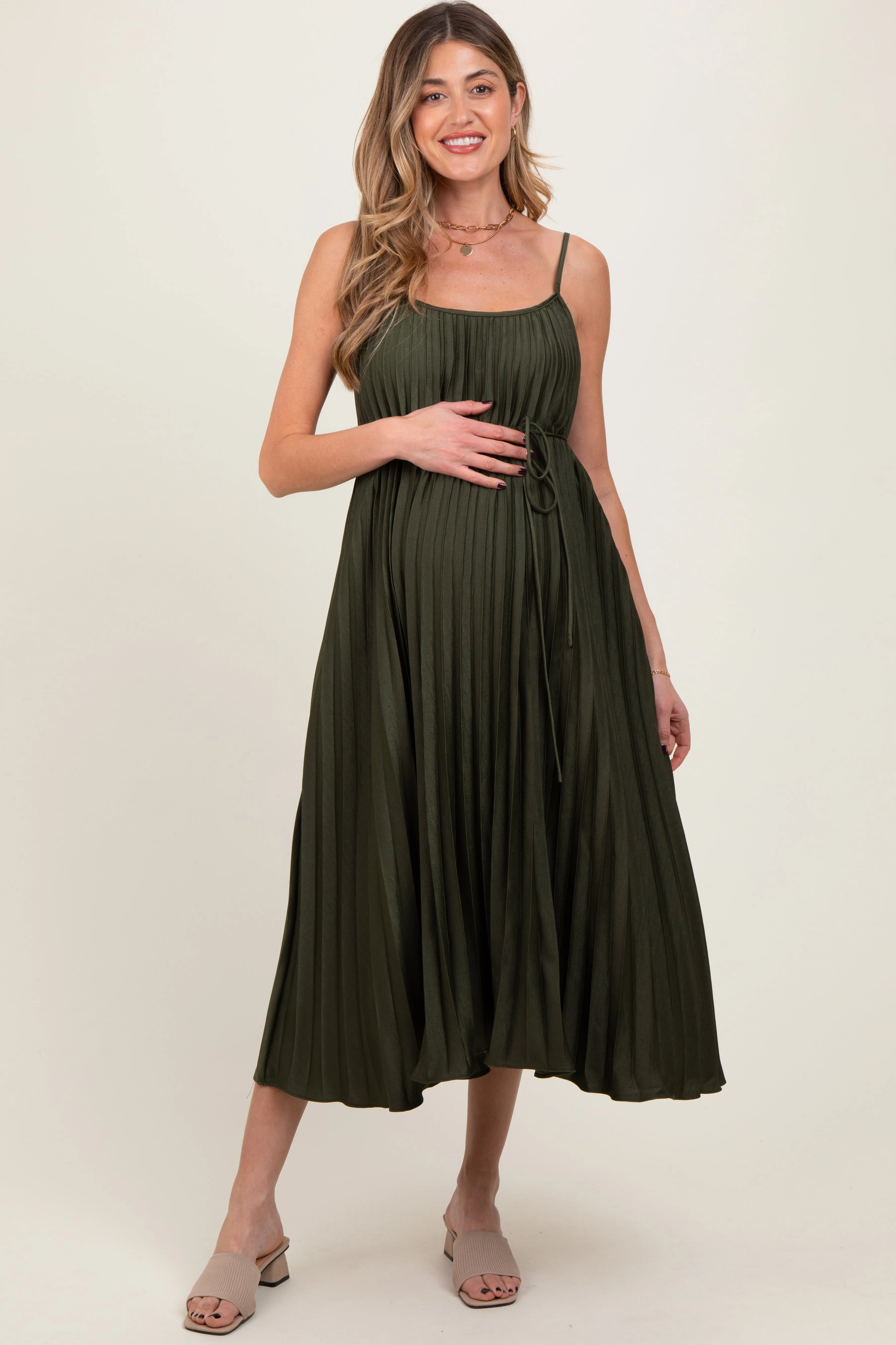 Olive Pleated Sash Tie Maternity Midi Dress sold by Pinkblush