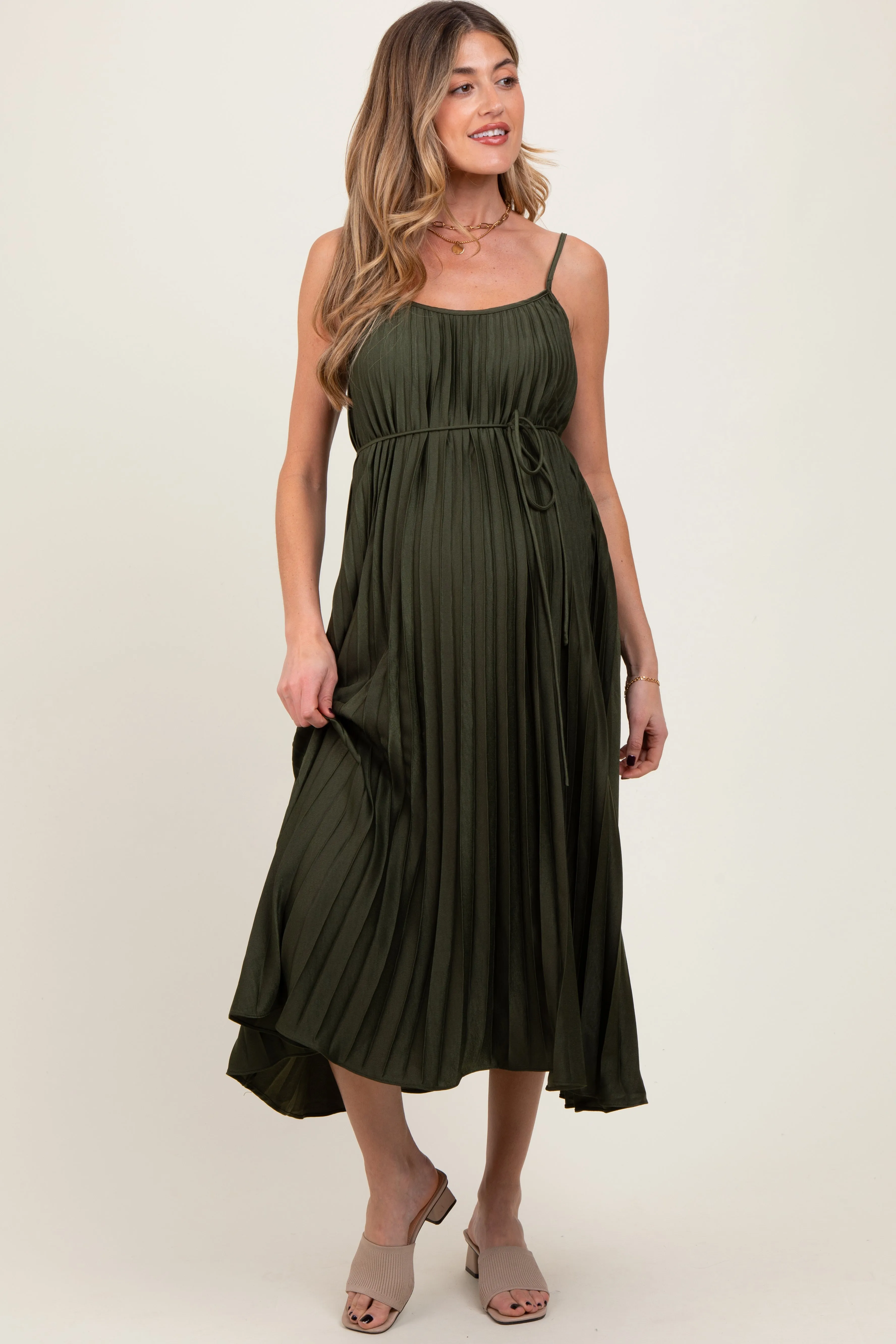 Olive Pleated Sash Tie Maternity Midi Dress sold by Pinkblush product image thumbnail 2