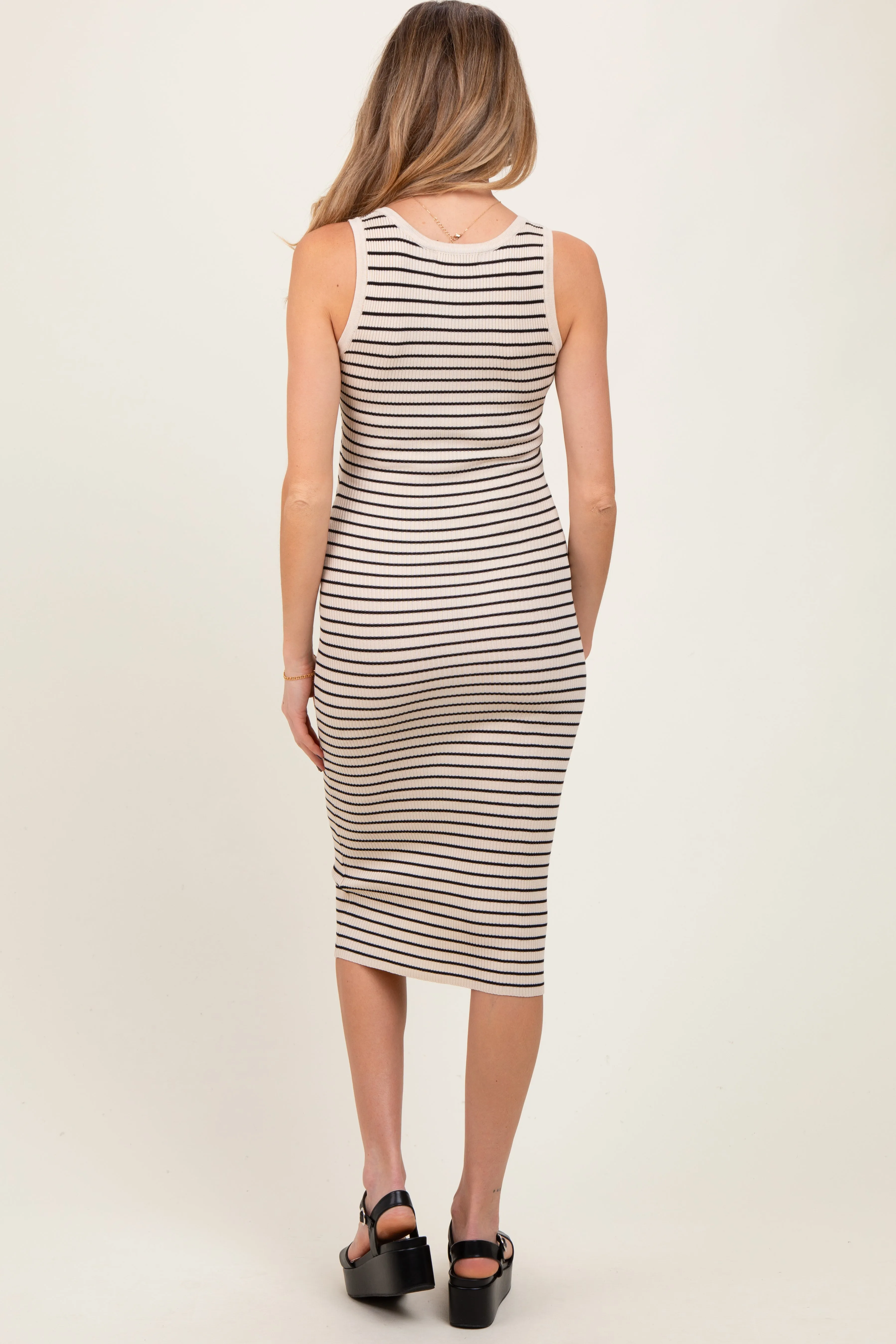 Cream Striped Sleeveless Fitted Maternity Midi Dress sold by Pinkblush product image thumbnail 4
