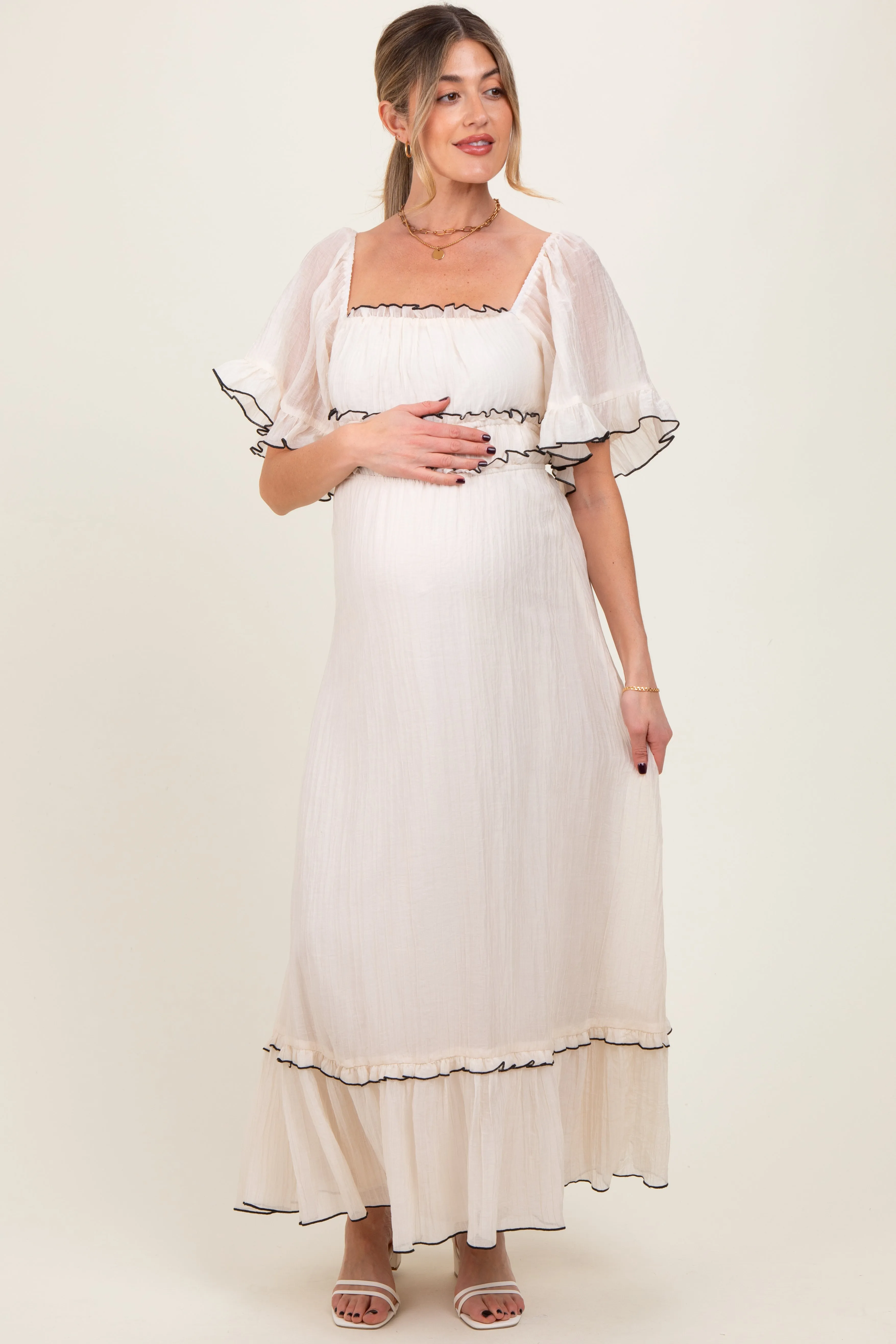 Cream Wide Sleeve Maternity Maxi Dress sold by Pinkblush