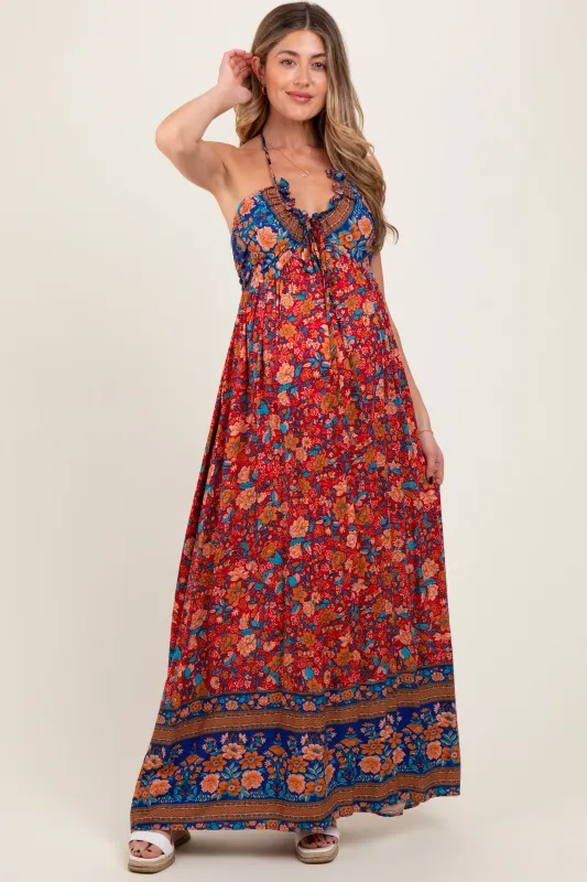 Rust Floral Colorblock Halter Tie Back Maternity Maxi Dress sold by Pinkblush