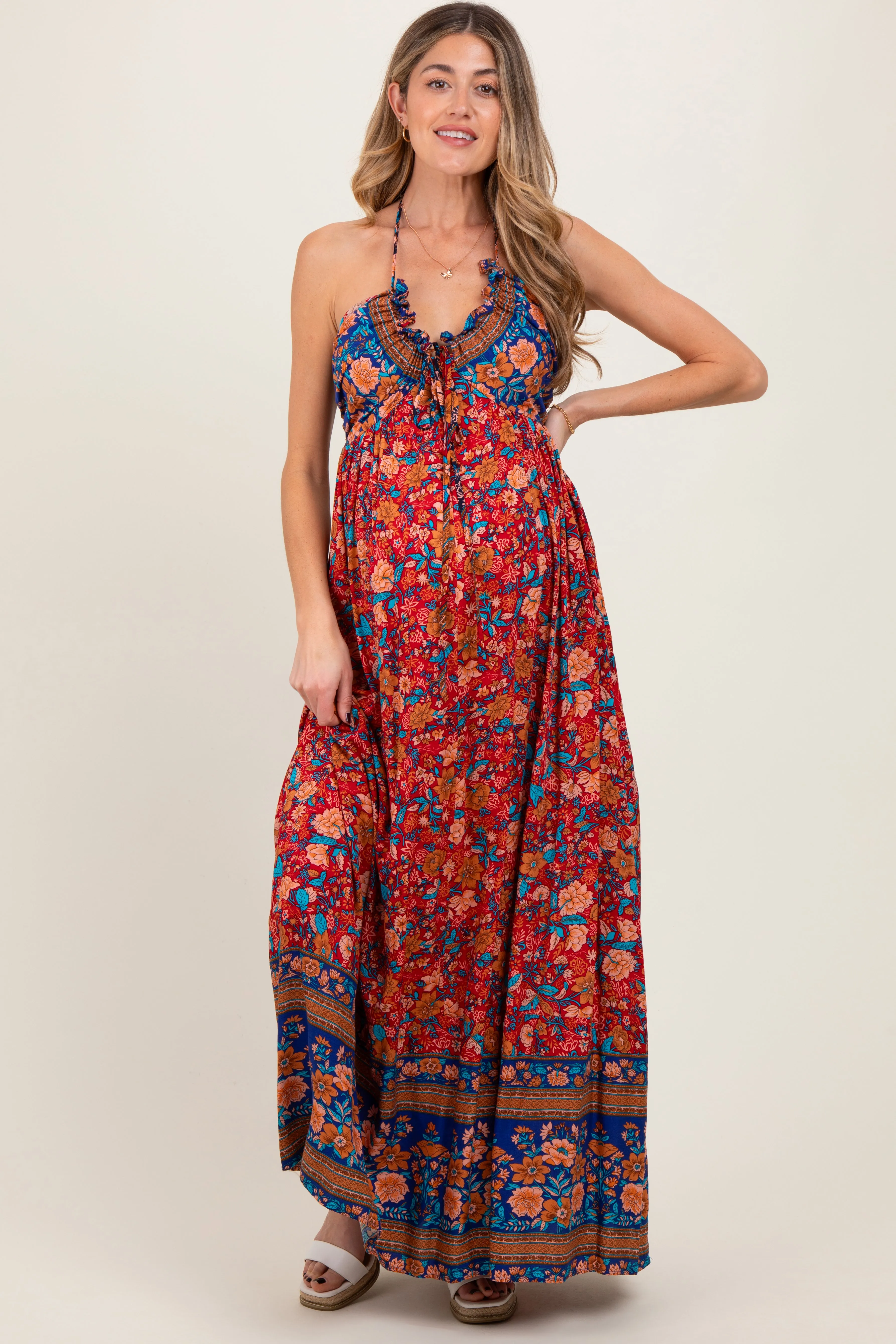 Rust Floral Colorblock Halter Tie Back Maternity Maxi Dress sold by Pinkblush product image thumbnail 2