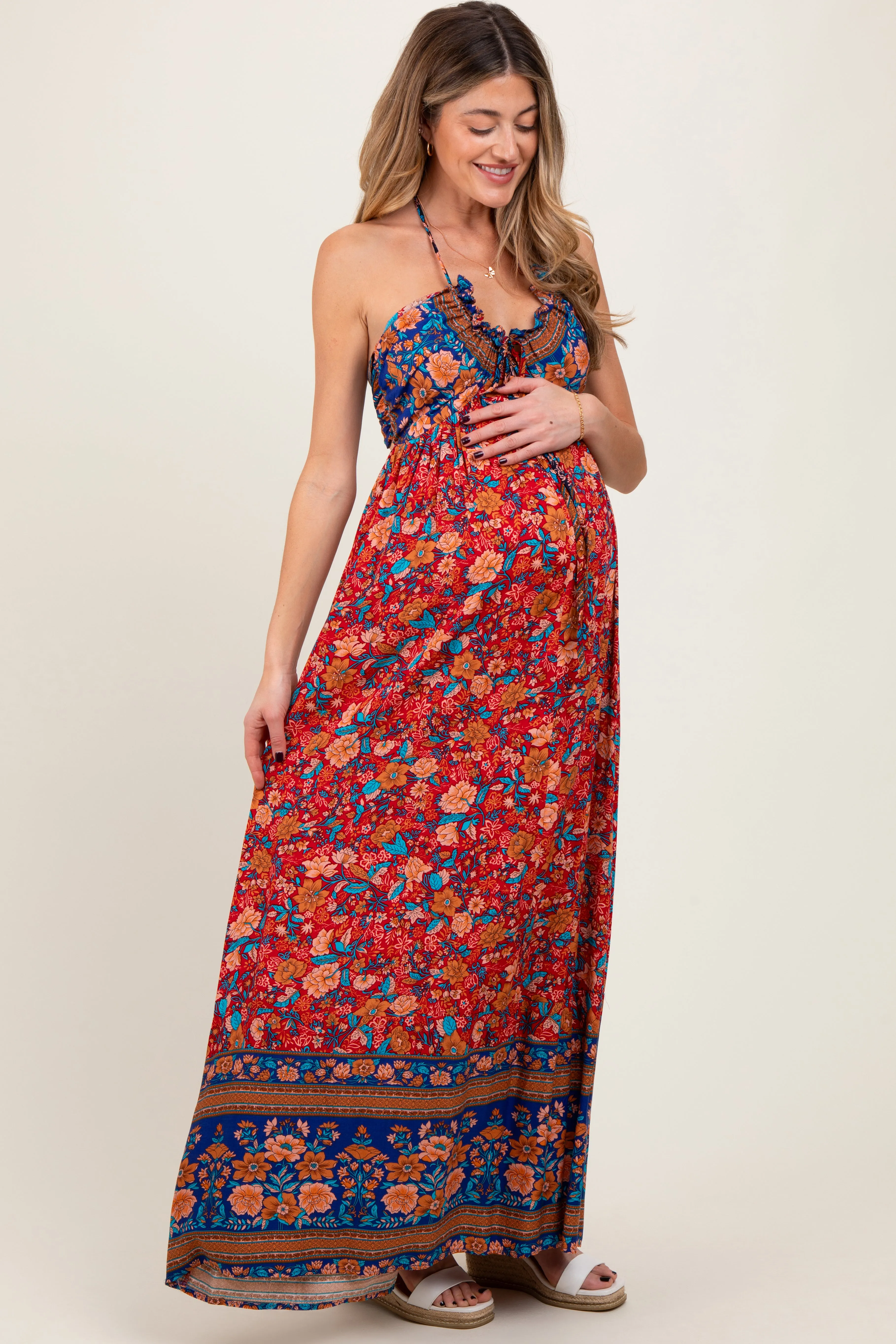 Rust Floral Colorblock Halter Tie Back Maternity Maxi Dress sold by Pinkblush product image thumbnail 3