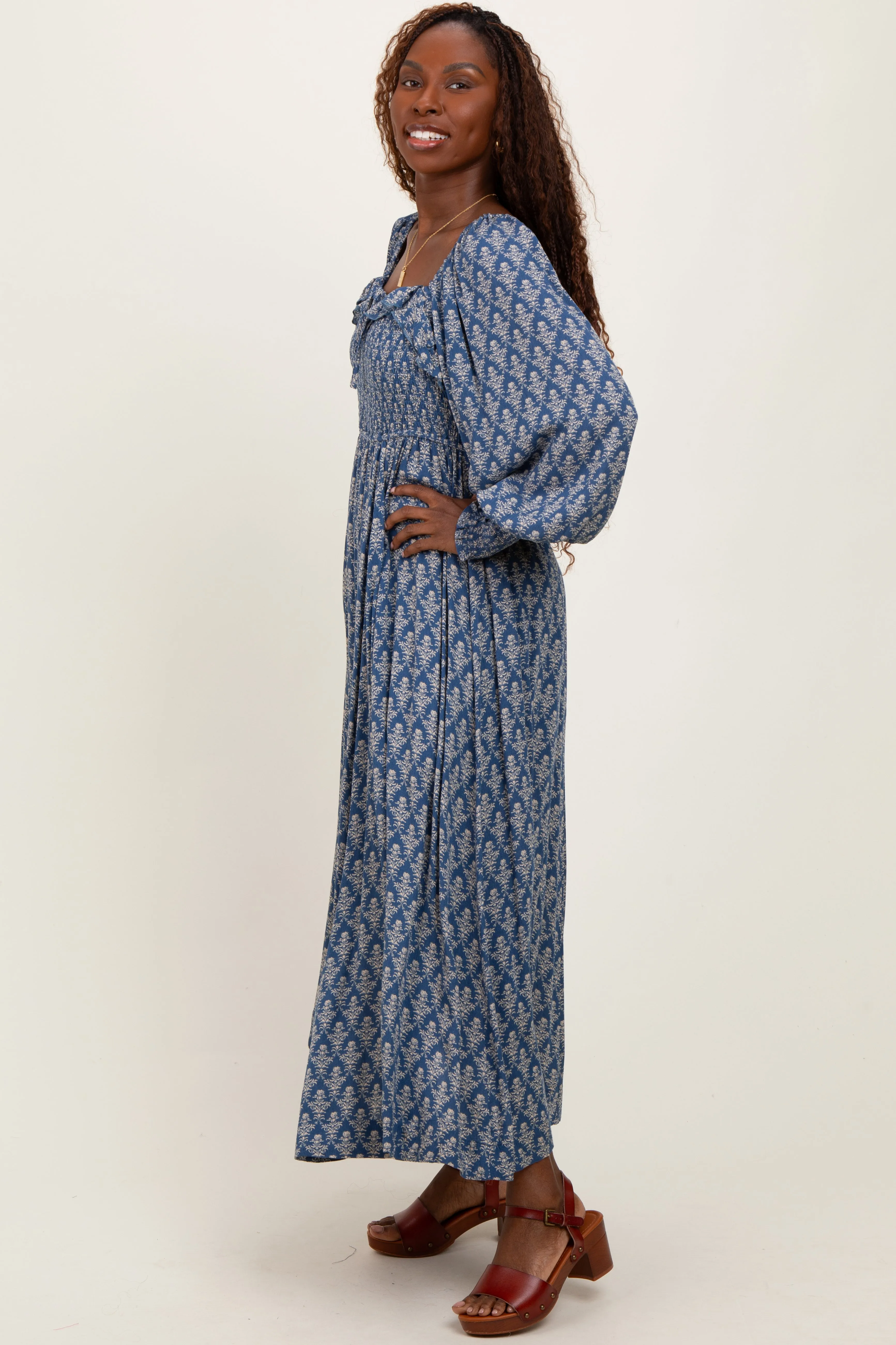 Blue Damask Print Smocked Ruffle Accent Maxi Dress sold by Pinkblush product image thumbnail 2