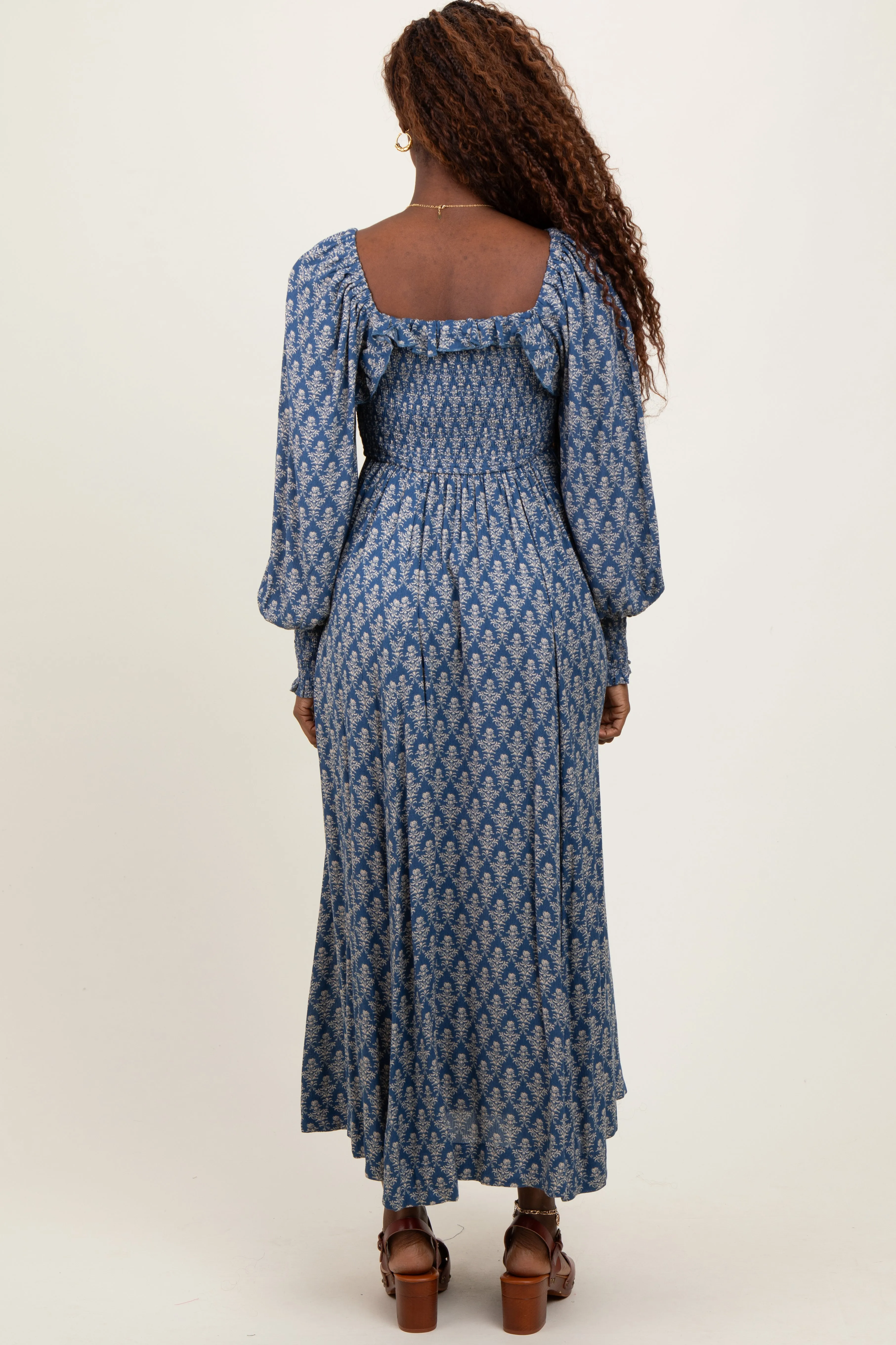 Blue Damask Print Smocked Ruffle Accent Maxi Dress sold by Pinkblush product image thumbnail 3